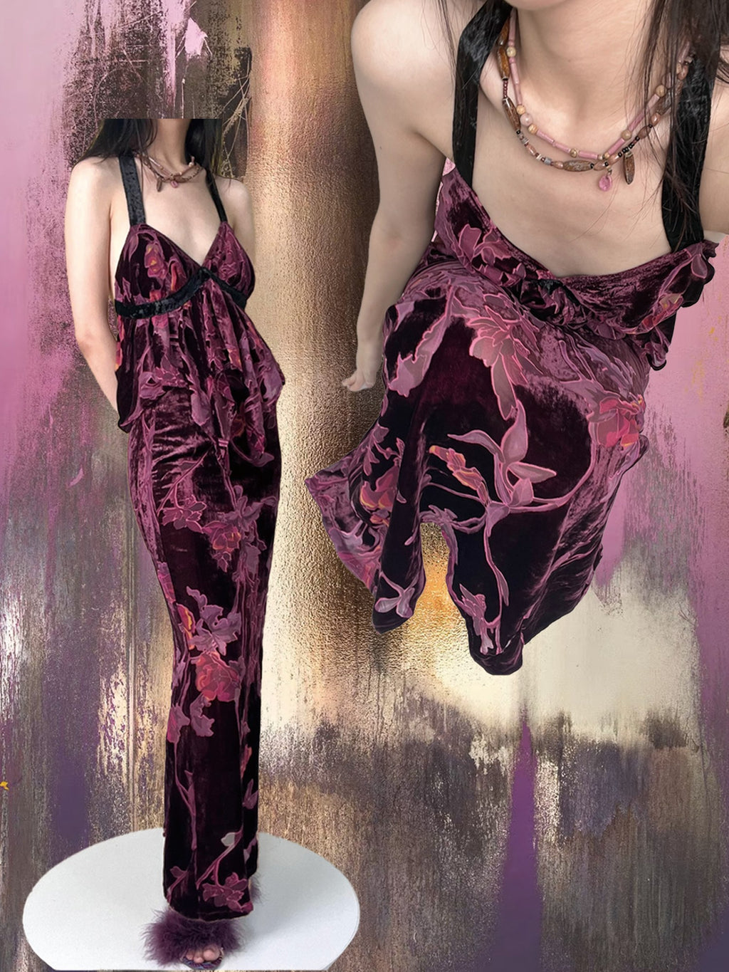 ANTIMOON Vintage Rose Antique Purple Burnout Velvet Suspender Women's Matching Skirt Sets