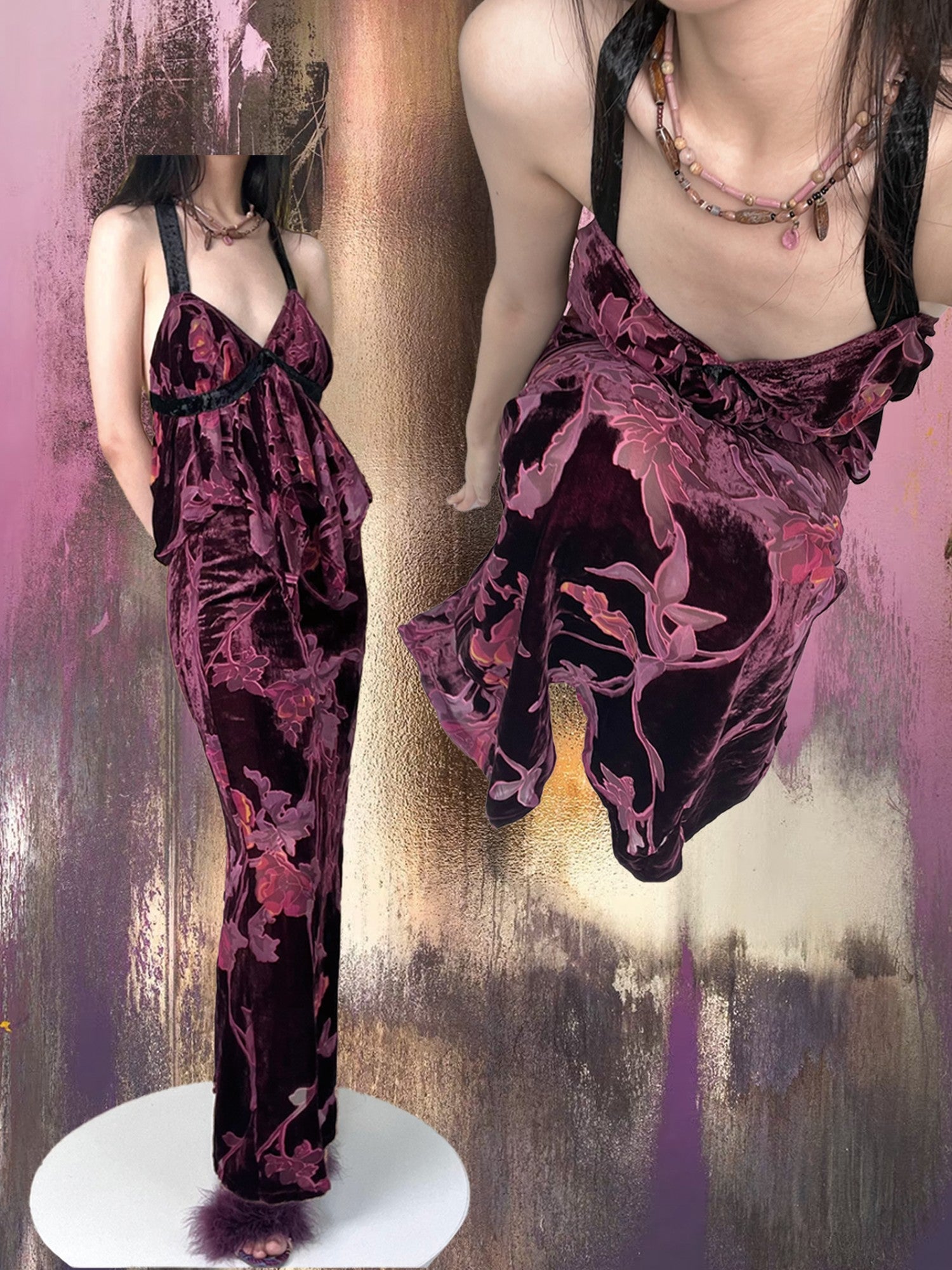 ANTIMOON Vintage Rose Antique Purple Burnout Velvet Suspender Women's Matching Skirt Sets