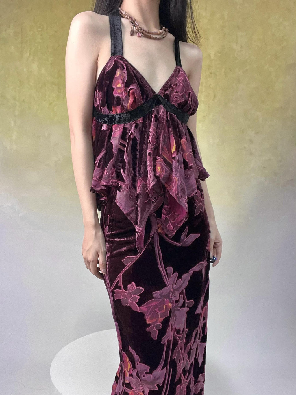 ANTIMOON Vintage Rose Antique Purple Burnout Velvet Suspender Women's Matching Skirt Sets