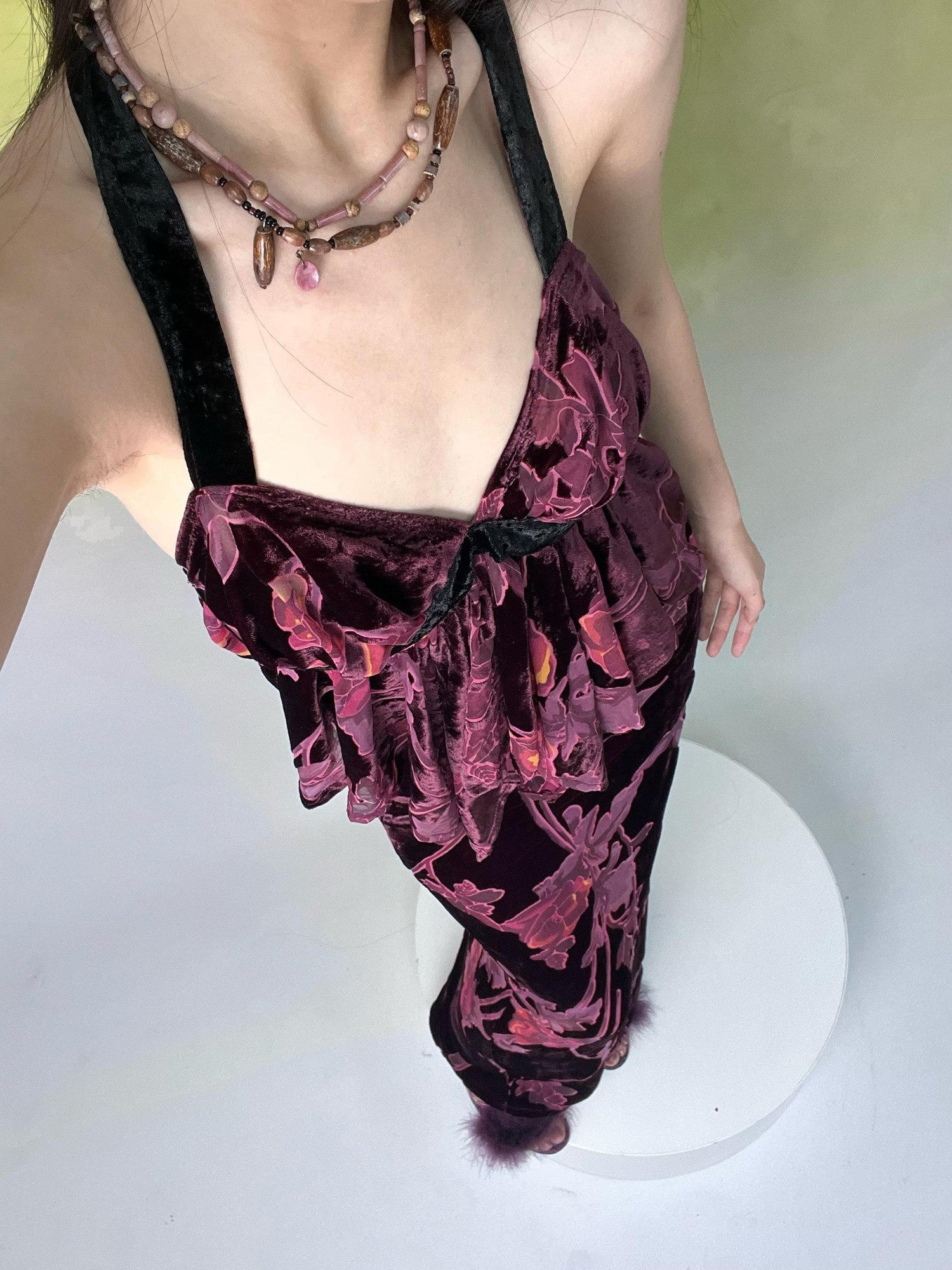 ANTIMOON Vintage Rose Antique Purple Burnout Velvet Suspender Women's Matching Skirt Sets