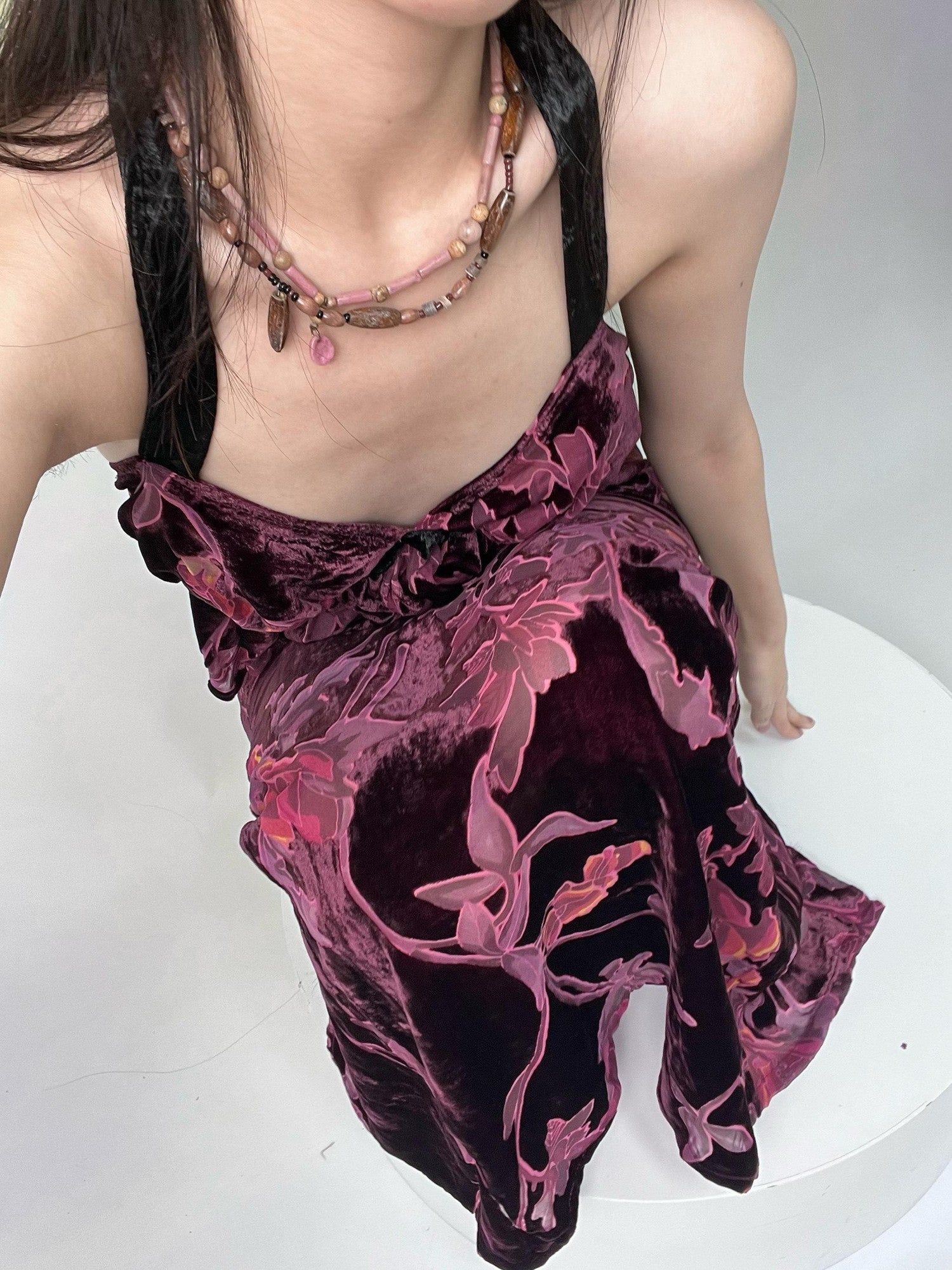 ANTIMOON Vintage Rose Antique Purple Burnout Velvet Suspender Women's Matching Skirt Sets