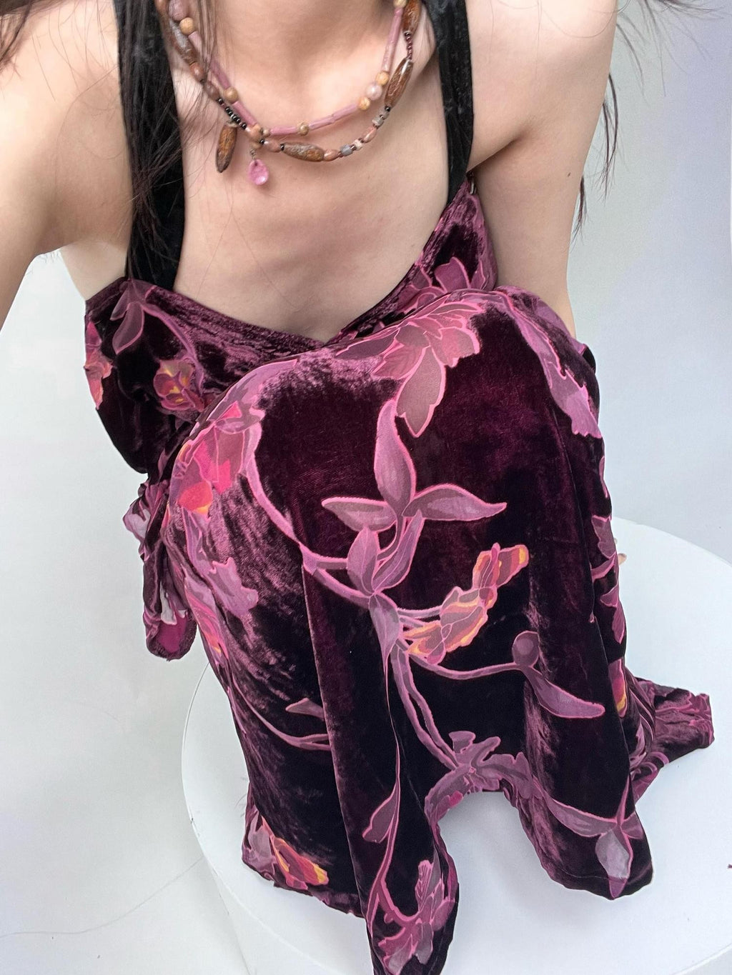 ANTIMOON Vintage Rose Antique Purple Burnout Velvet Suspender Women's Matching Skirt Sets