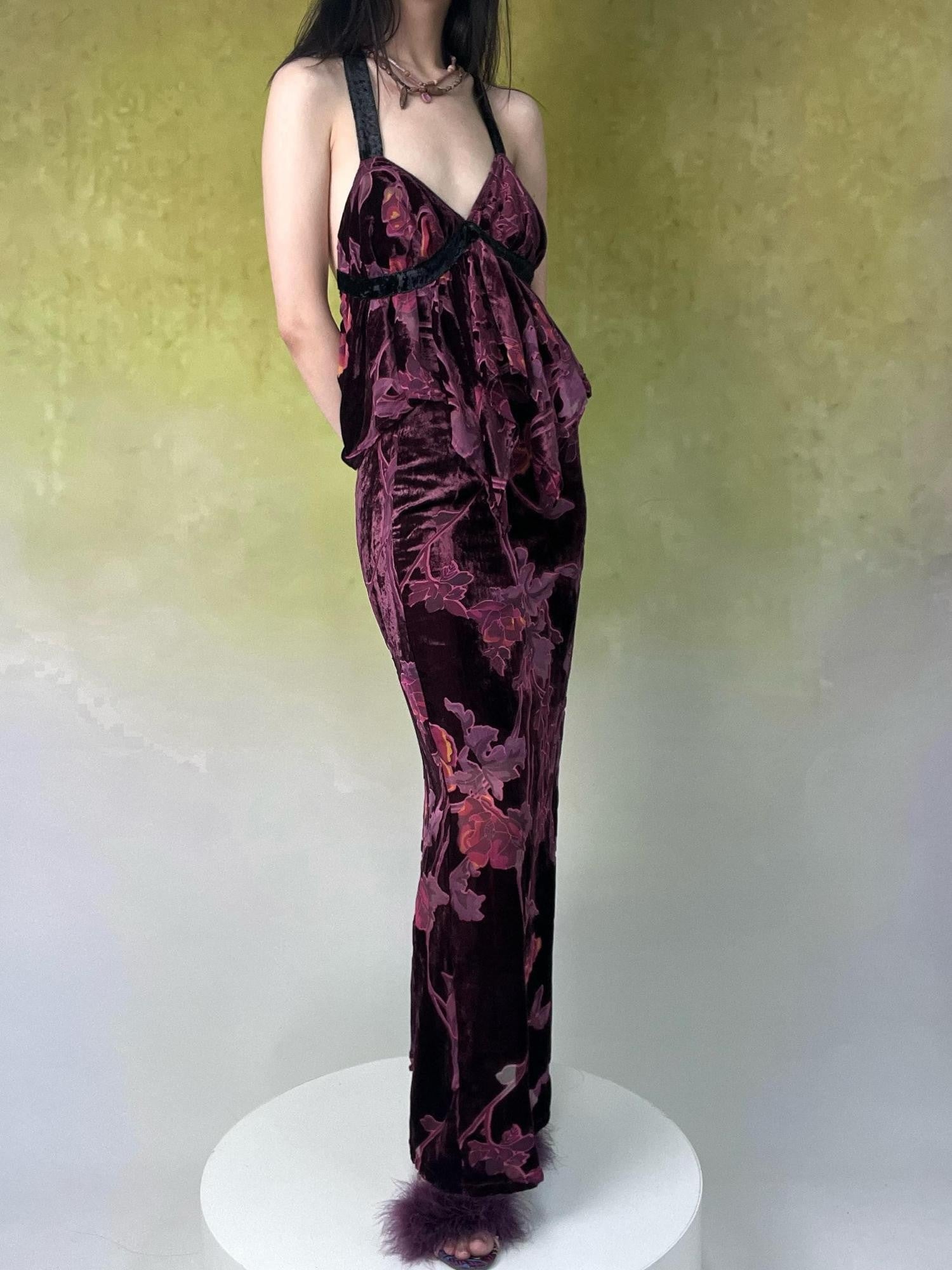 ANTIMOON Vintage Rose Antique Purple Burnout Velvet Suspender Women's Matching Skirt Sets