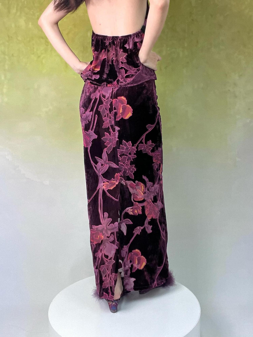 ANTIMOON Vintage Rose Antique Purple Burnout Velvet Suspender Women's Matching Skirt Sets