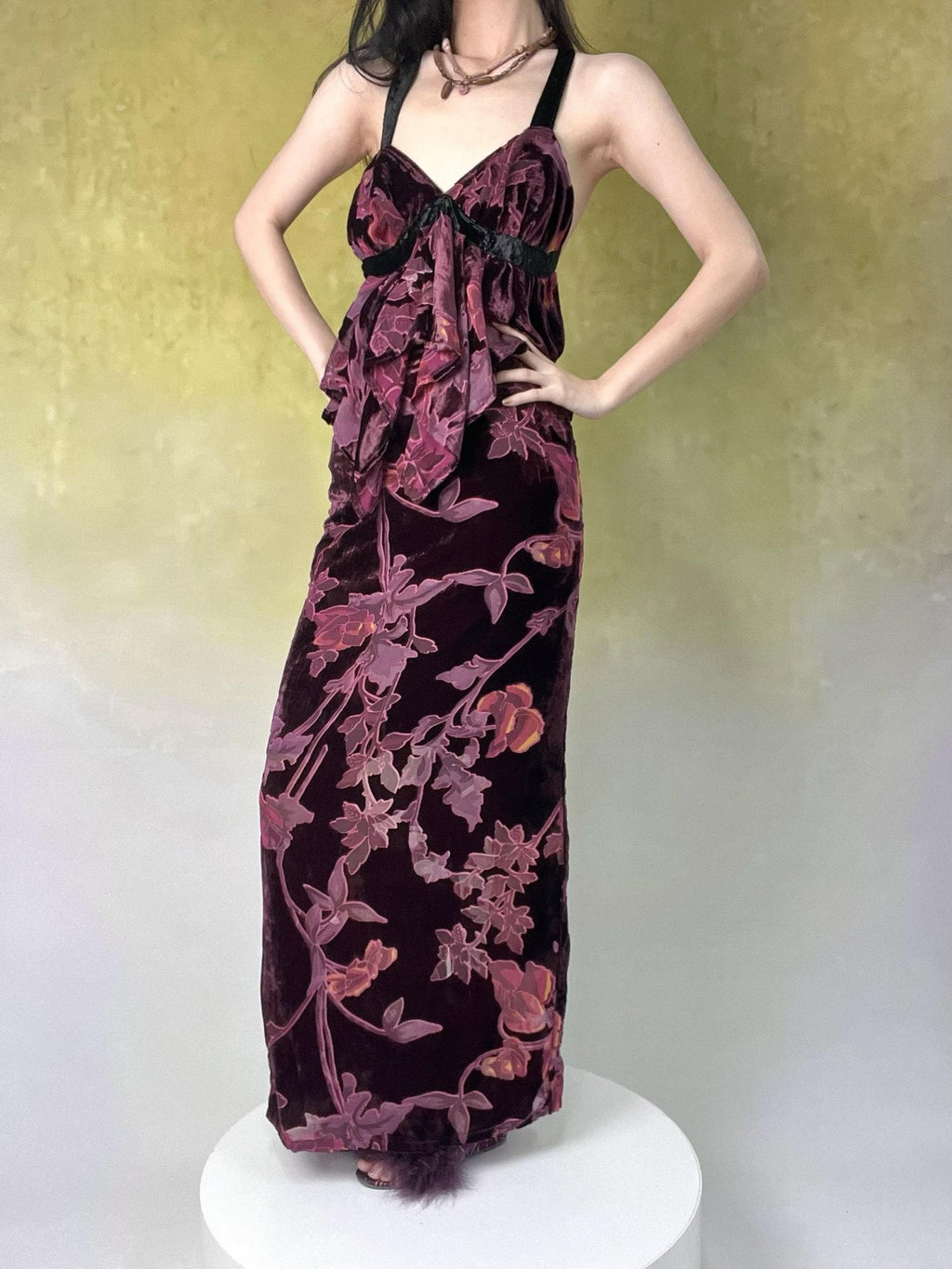ANTIMOON Vintage Rose Antique Purple Burnout Velvet Suspender Women's Matching Skirt Sets