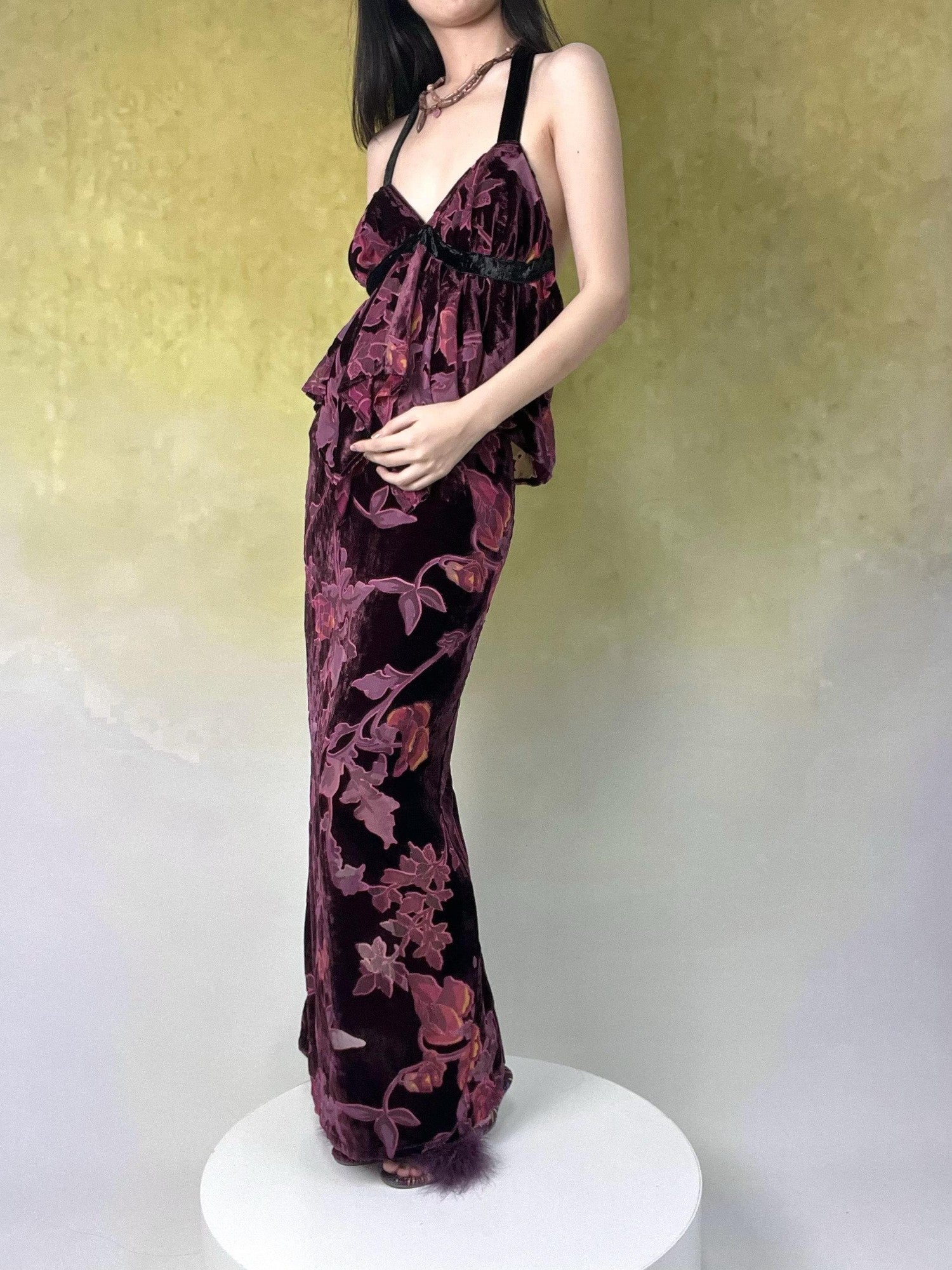 ANTIMOON Vintage Rose Antique Purple Burnout Velvet Suspender Women's Matching Skirt Sets