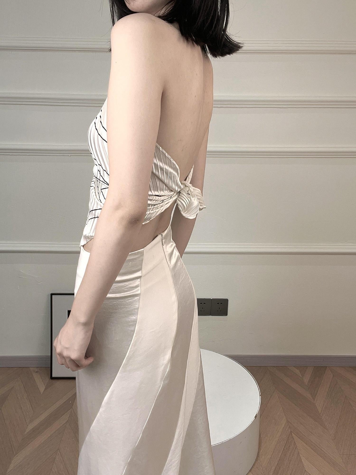 ANTIMOON White Shell Striped Minimalist Scarf Style Women's Polyester Halter Tops