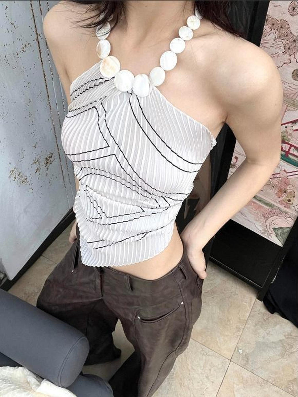 ANTIMOON White Shell Striped Minimalist Scarf Style Women's Polyester Halter Tops