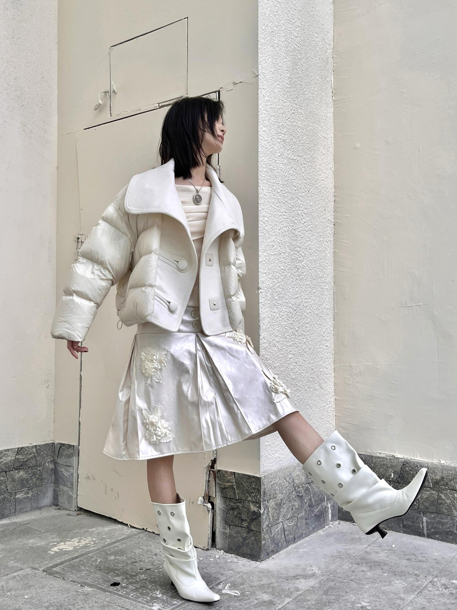 ANTIMOON Wide Lapel Spliced Wool Puffer Women's 90 White Duck Down Down Jackets