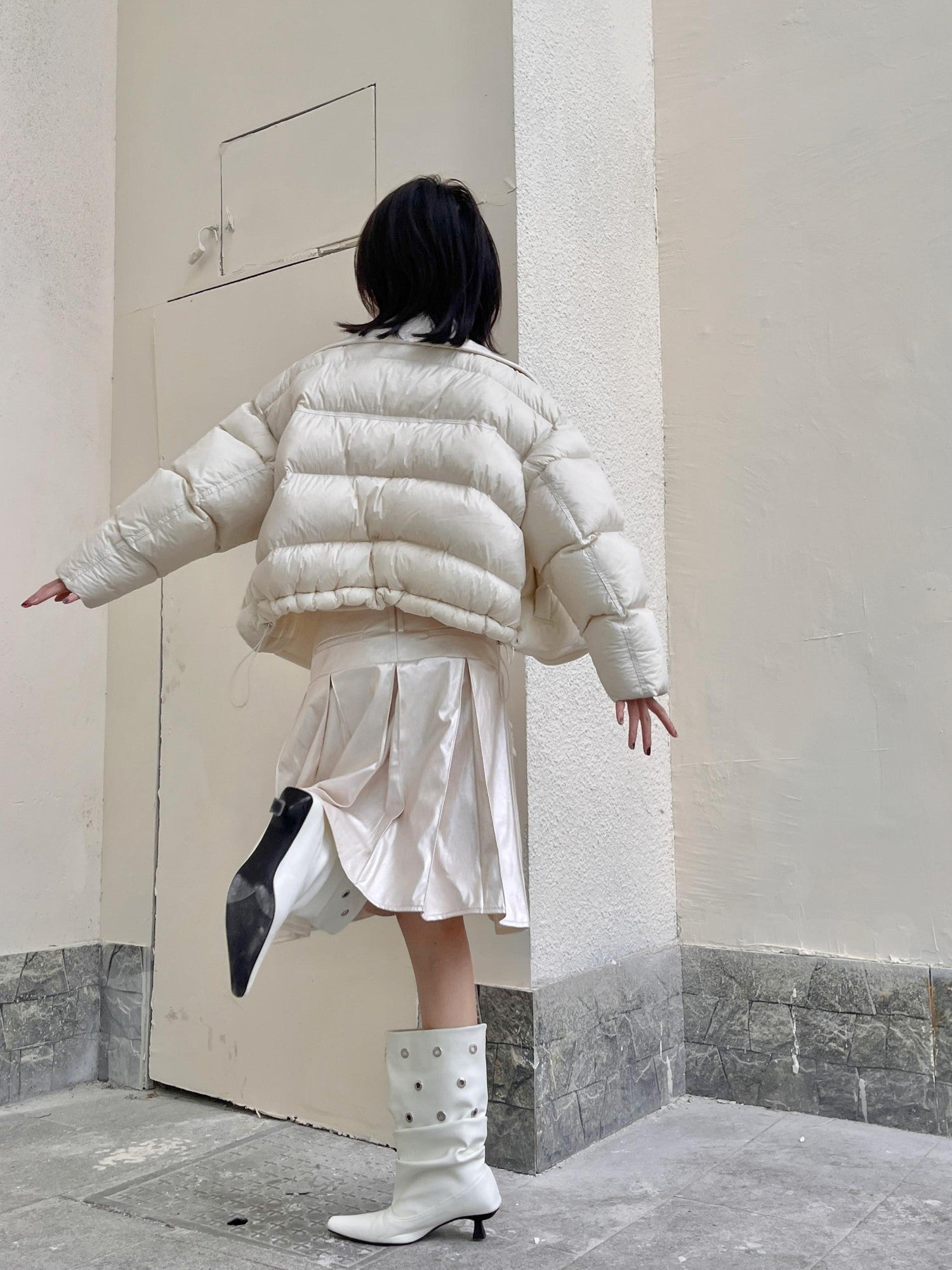ANTIMOON Wide Lapel Spliced Wool Puffer Women's 90 White Duck Down Down Jackets