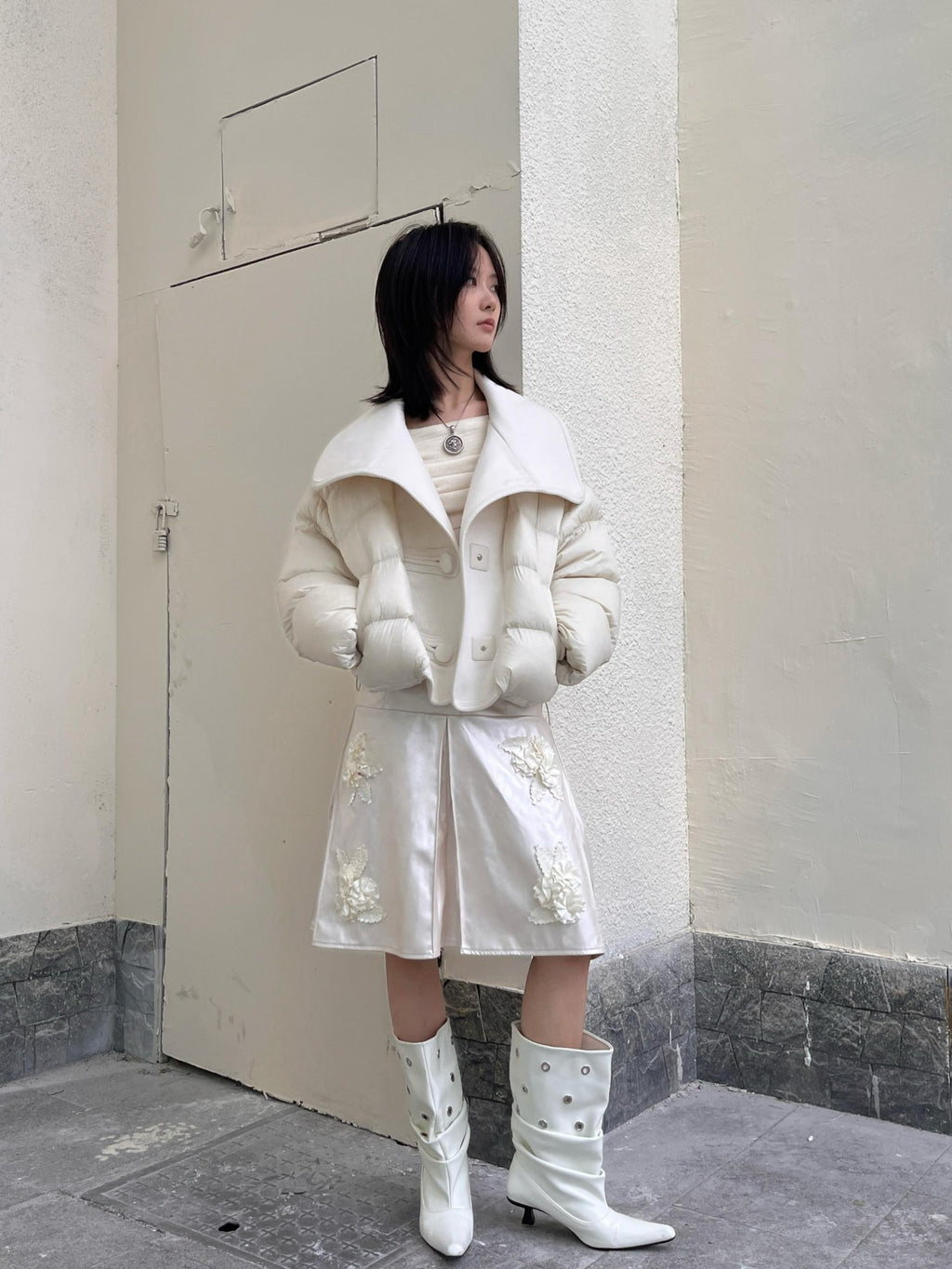 ANTIMOON Wide Lapel Spliced Wool Puffer Women's 90 White Duck Down Down Jackets