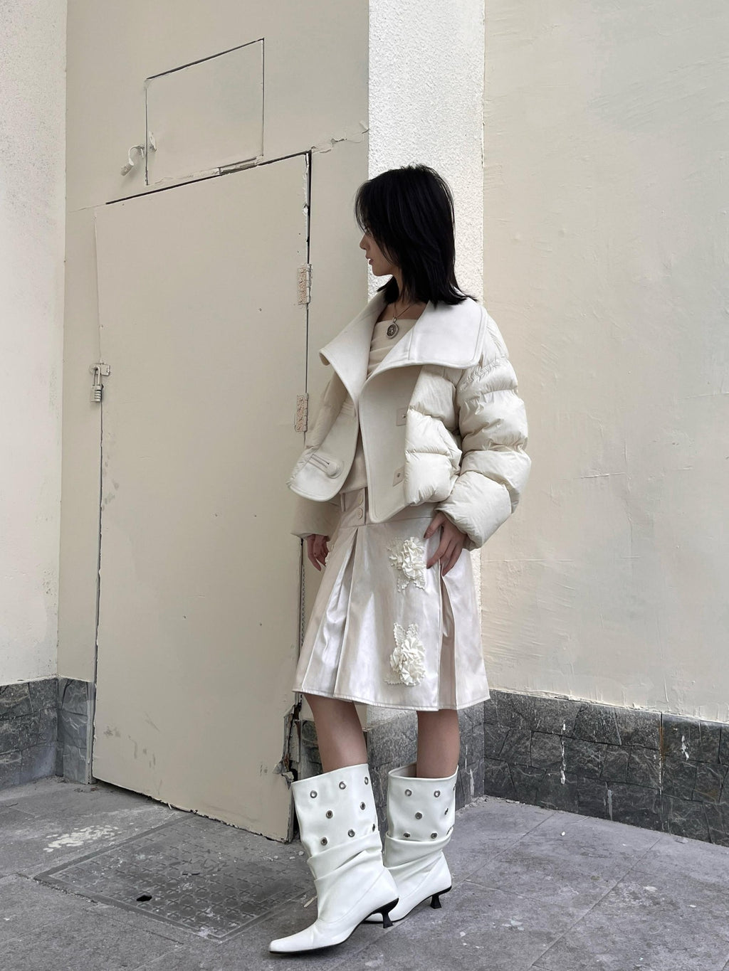 ANTIMOON Wide Lapel Spliced Wool Puffer Women's 90 White Duck Down Down Jackets
