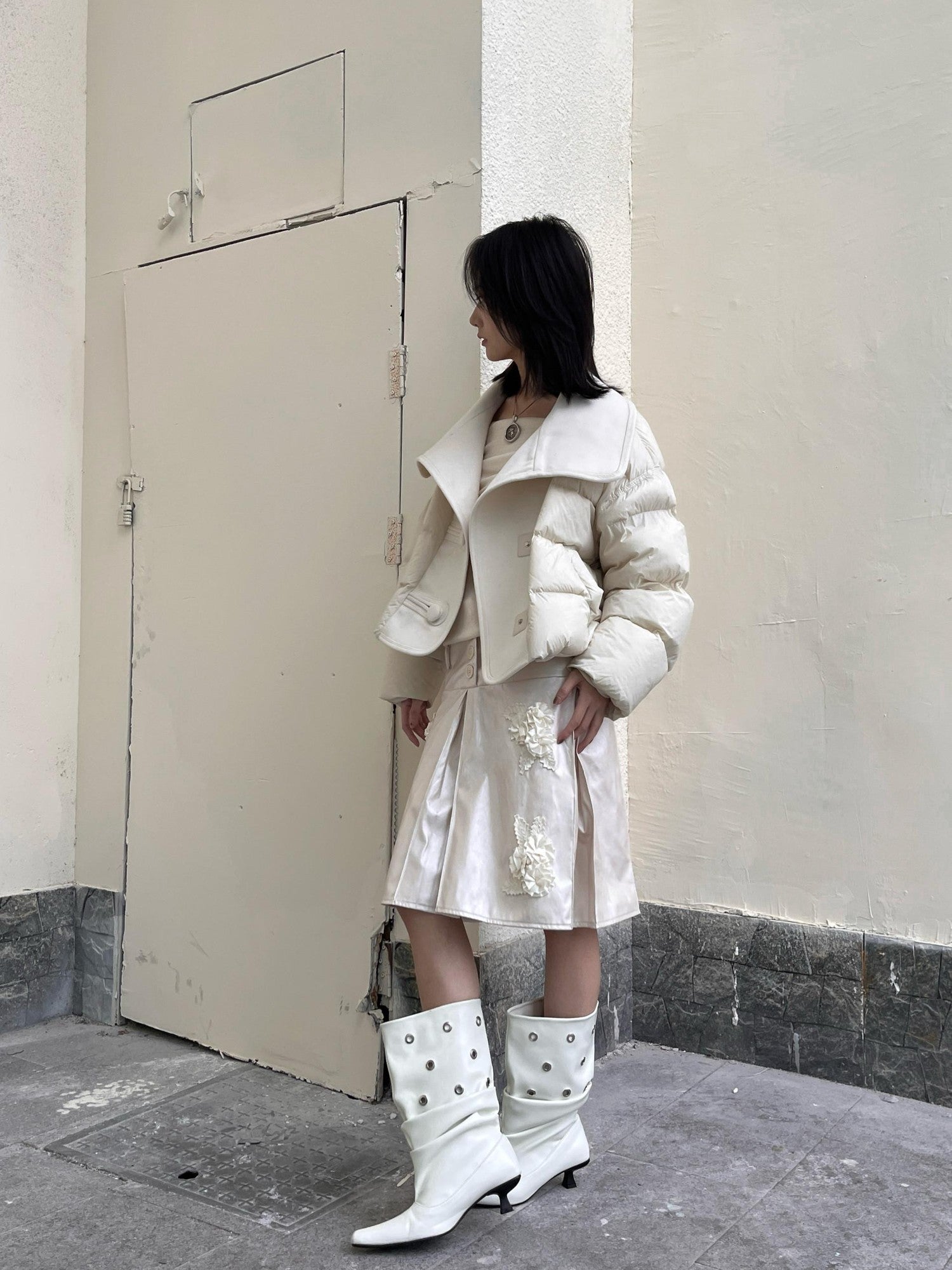 ANTIMOON Wide Lapel Spliced Wool Puffer Women's 90 White Duck Down Down Jackets