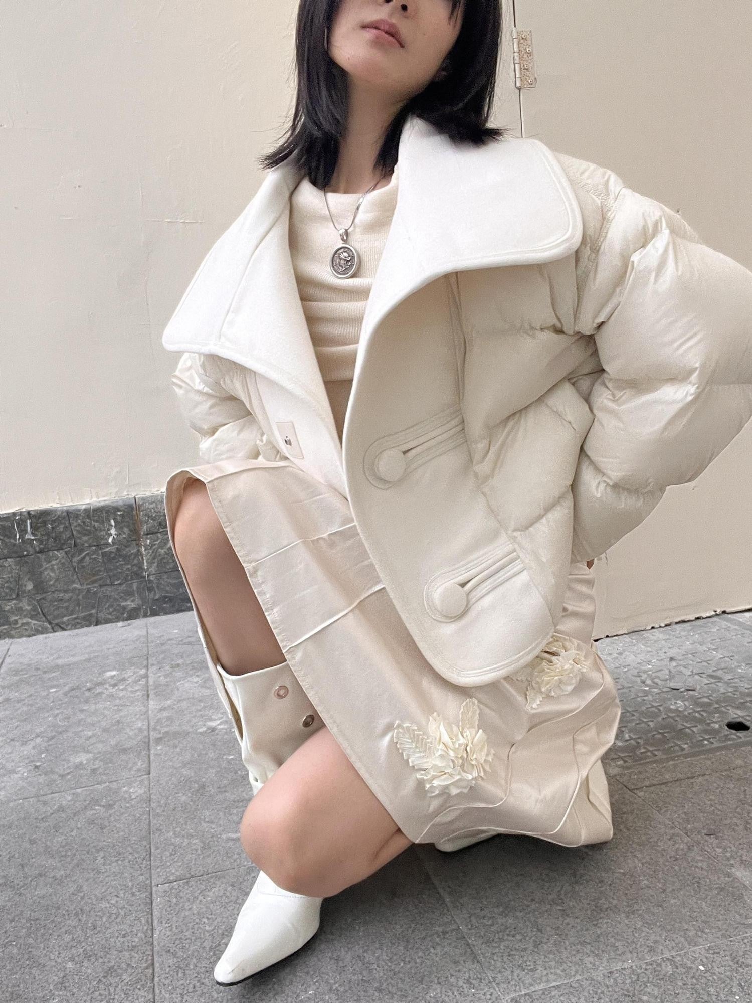 ANTIMOON Wide Lapel Spliced Wool Puffer Women's 90 White Duck Down Down Jackets