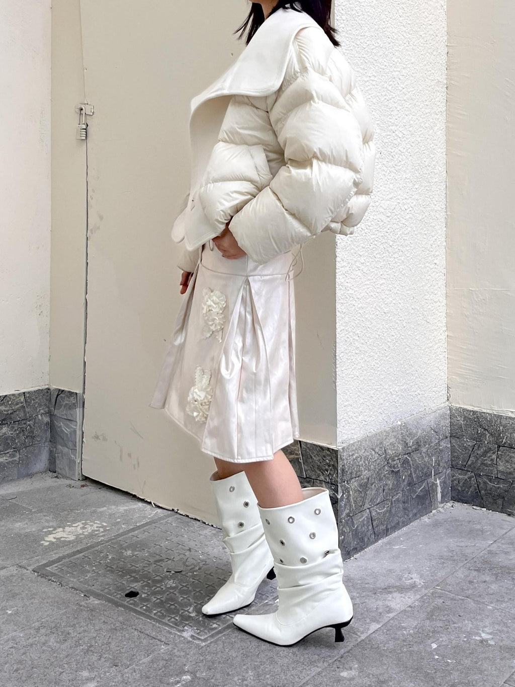 ANTIMOON Wide Lapel Spliced Wool Puffer Women's 90 White Duck Down Down Jackets