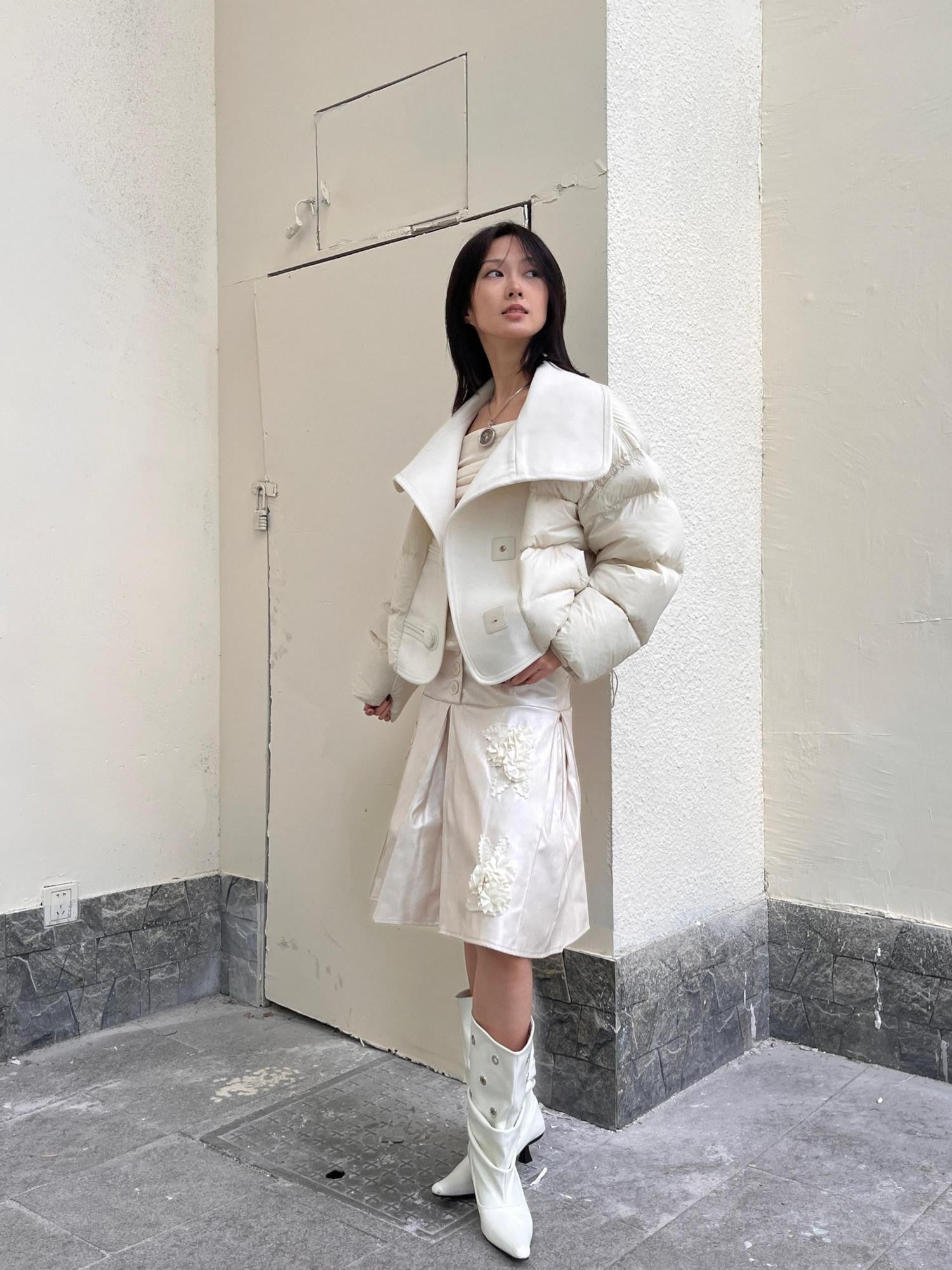 ANTIMOON Wide Lapel Spliced Wool Puffer Women's 90 White Duck Down Down Jackets