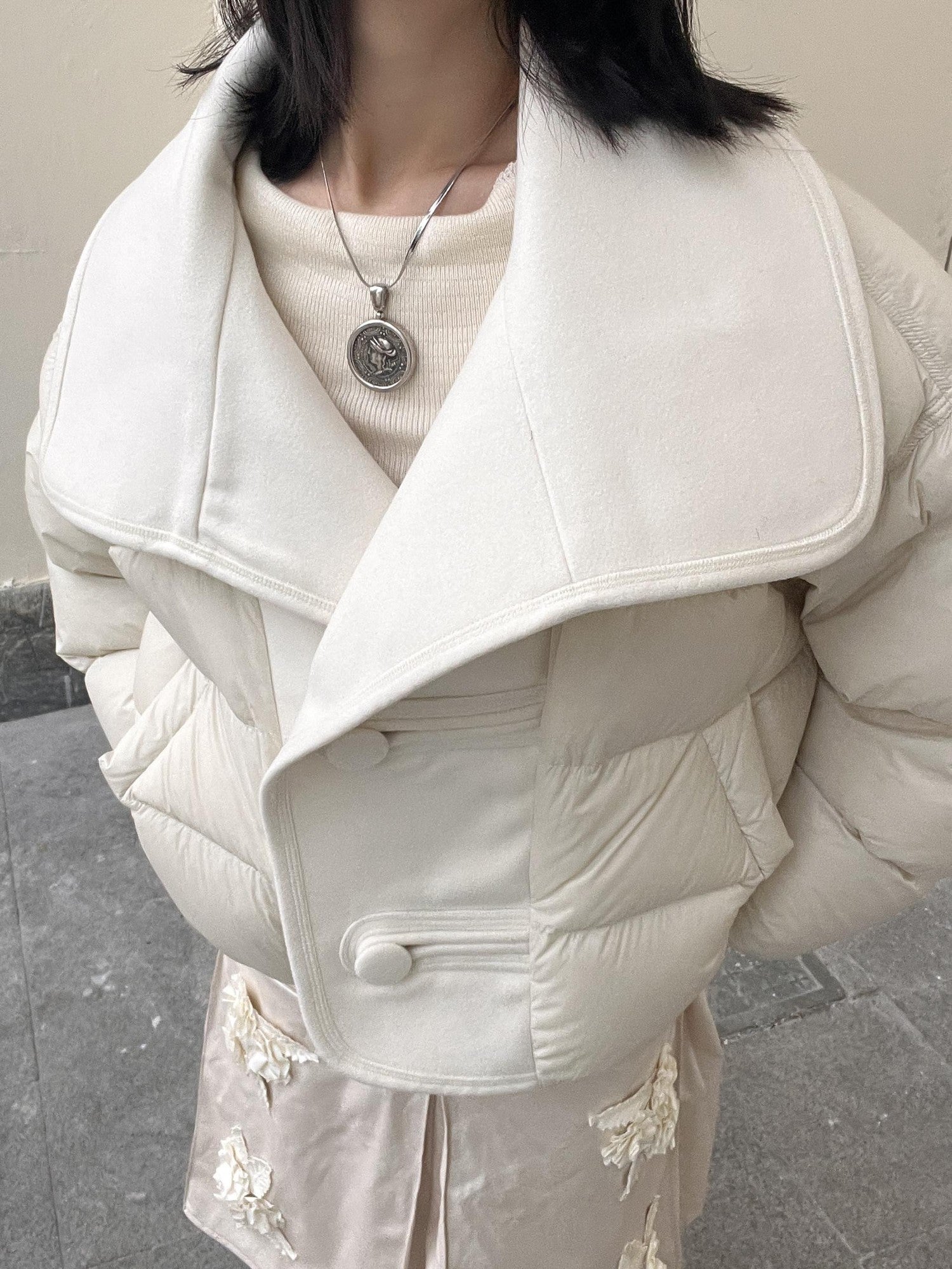 ANTIMOON Wide Lapel Spliced Wool Puffer Women's 90 White Duck Down Down Jackets