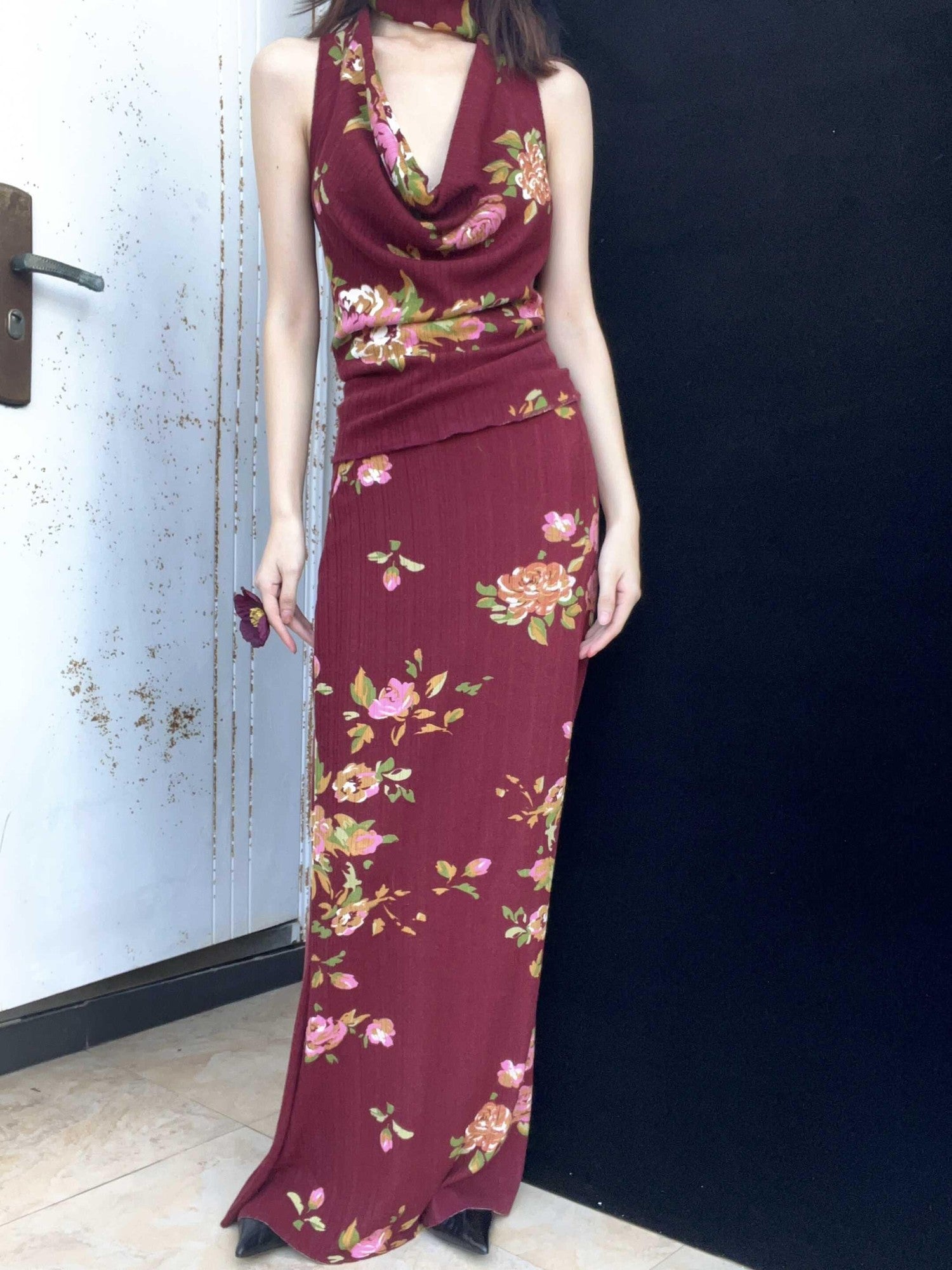 ANTIMOON Wine Red Rose Print Draped Off Shoulder Women's Polyester Bodycon Maxi Dresses