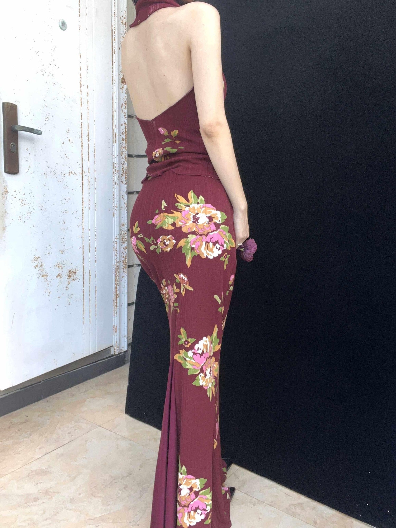 ANTIMOON Wine Red Rose Print Draped Off Shoulder Women's Polyester Bodycon Maxi Dresses