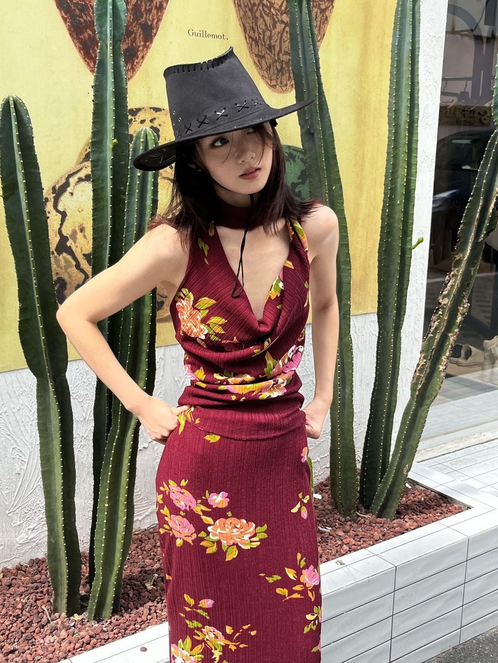 ANTIMOON Wine Red Rose Print Draped Off Shoulder Women's Polyester Bodycon Maxi Dresses