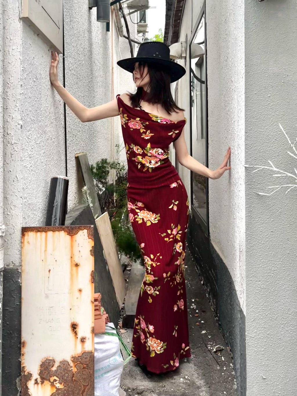 ANTIMOON Wine Red Rose Print Draped Off Shoulder Women's Polyester Bodycon Maxi Dresses