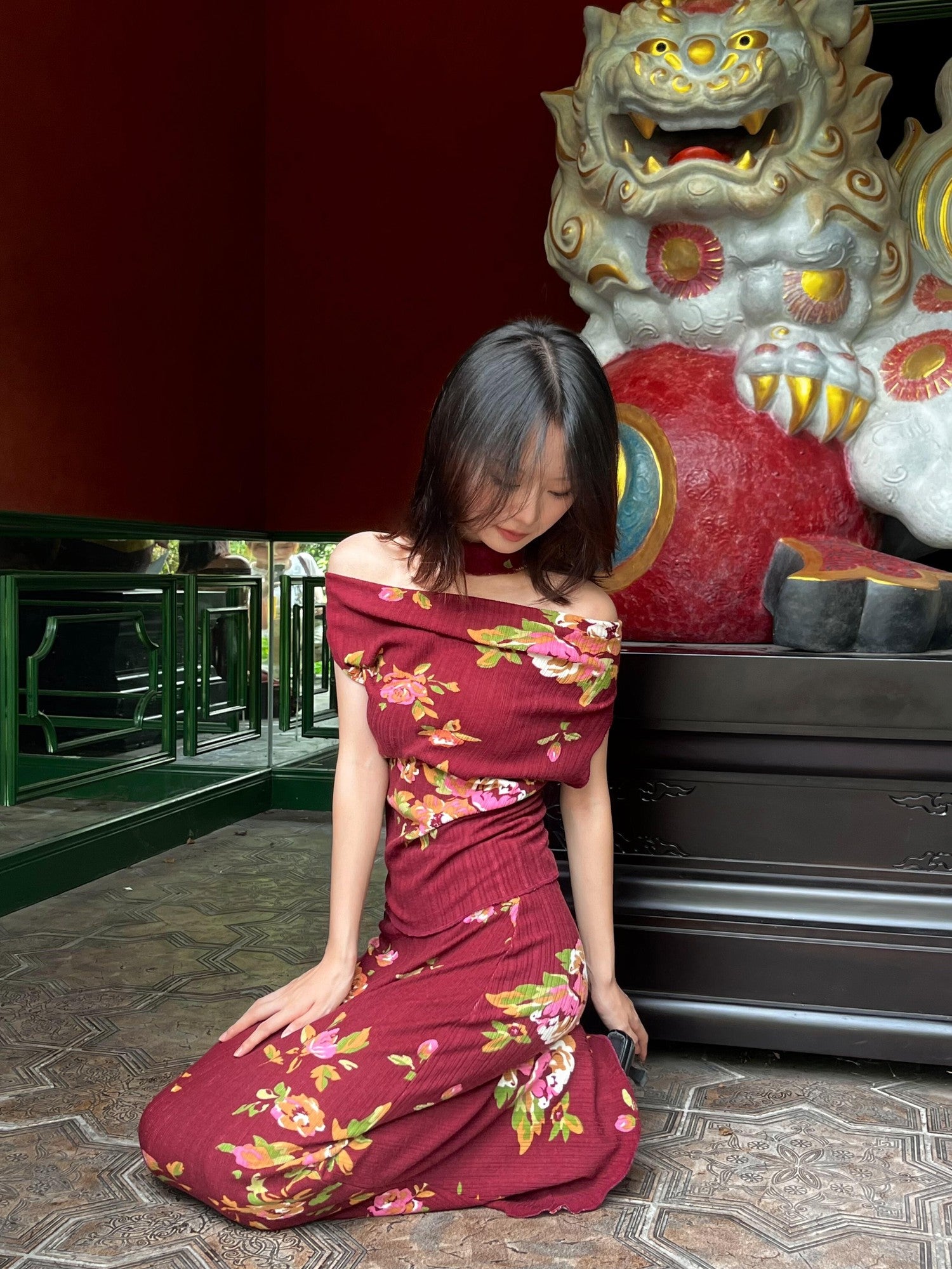 ANTIMOON Wine Red Rose Print Draped Off Shoulder Women's Polyester Bodycon Maxi Dresses