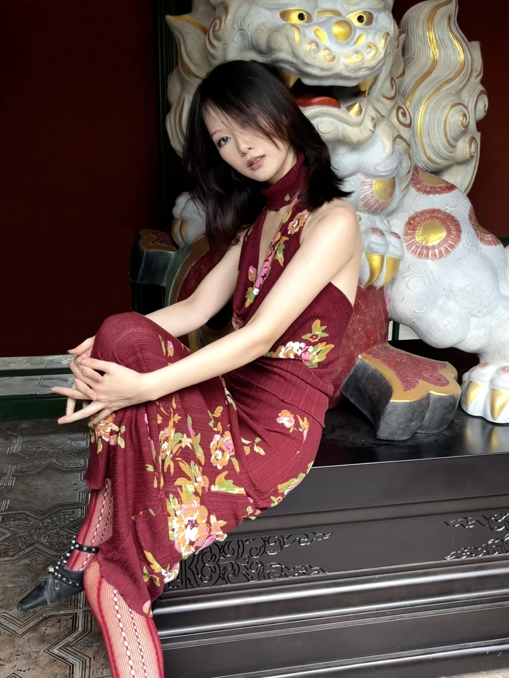 ANTIMOON Wine Red Rose Print Draped Off Shoulder Women's Polyester Bodycon Maxi Dresses