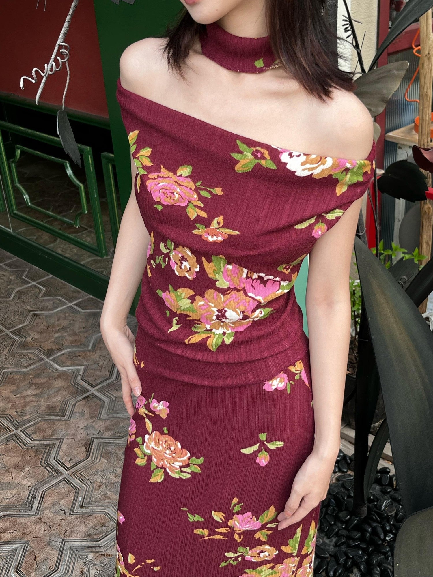 ANTIMOON Wine Red Rose Print Draped Off Shoulder Women's Polyester Bodycon Maxi Dresses