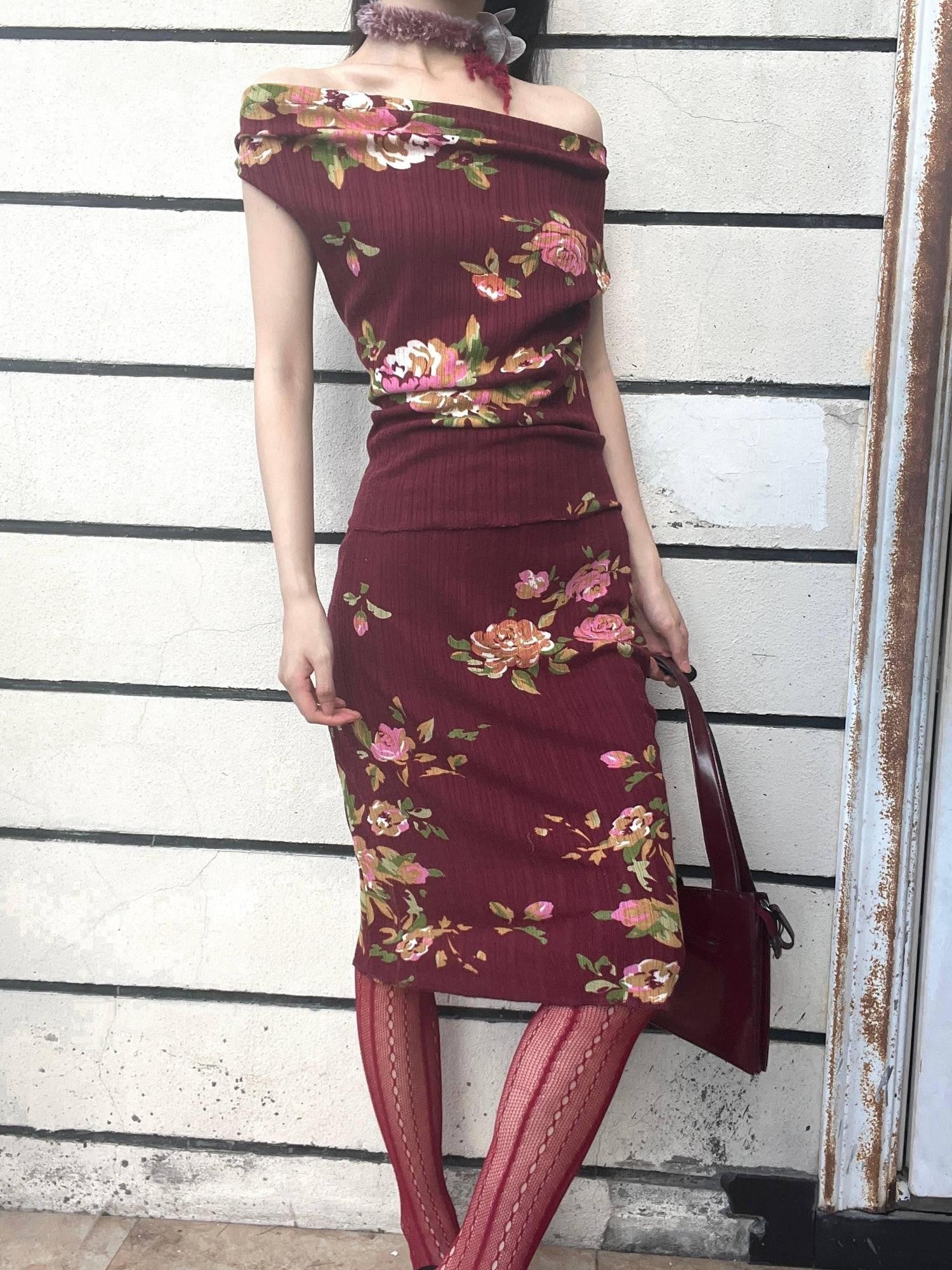 ANTIMOON Wine Red Rose Print Draped Off Shoulder Women's Polyester Bodycon Maxi Dresses