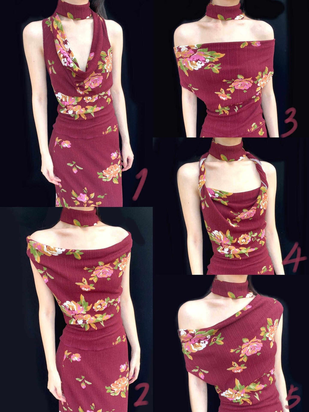 ANTIMOON Wine Red Rose Print Draped Off Shoulder Women's Polyester Bodycon Maxi Dresses