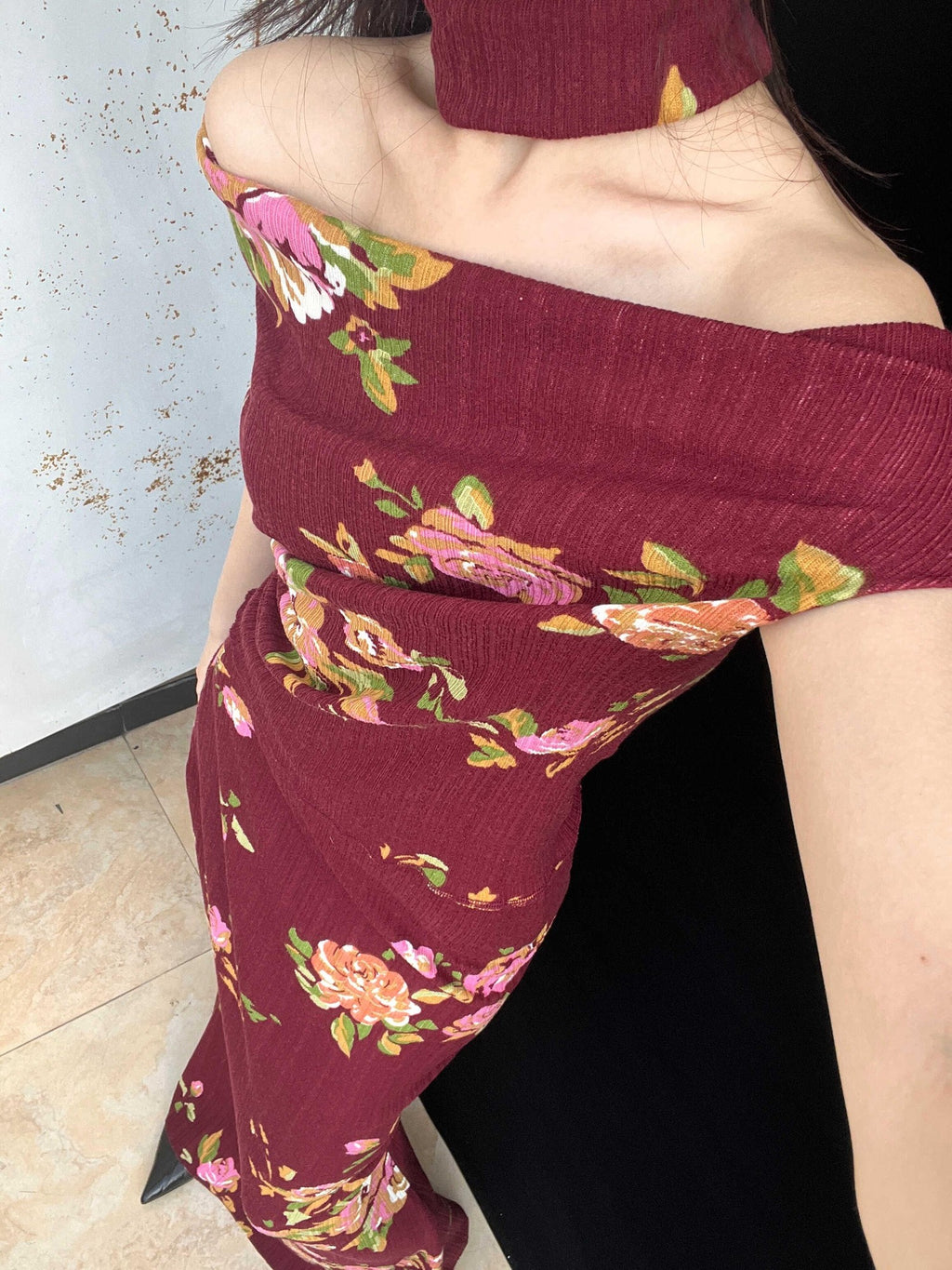 ANTIMOON Wine Red Rose Print Draped Off Shoulder Women's Polyester Bodycon Maxi Dresses