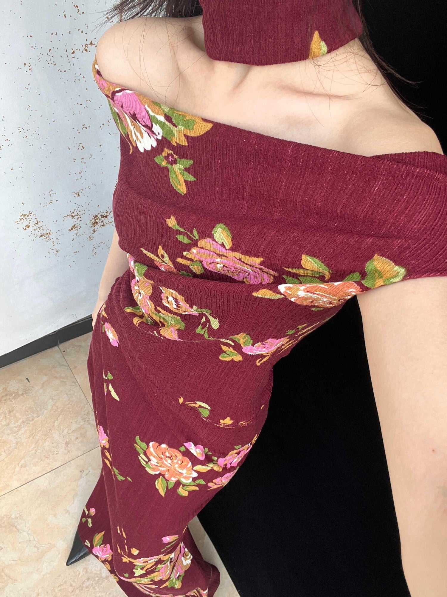 ANTIMOON Wine Red Rose Print Draped Off Shoulder Women's Polyester Bodycon Maxi Dresses