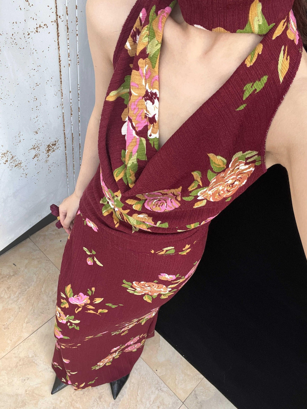 ANTIMOON Wine Red Rose Print Draped Off Shoulder Women's Polyester Bodycon Maxi Dresses
