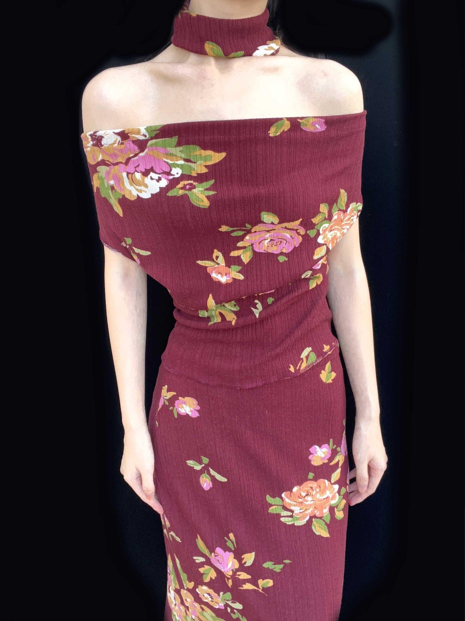 ANTIMOON Wine Red Rose Print Draped Off Shoulder Women's Polyester Bodycon Maxi Dresses
