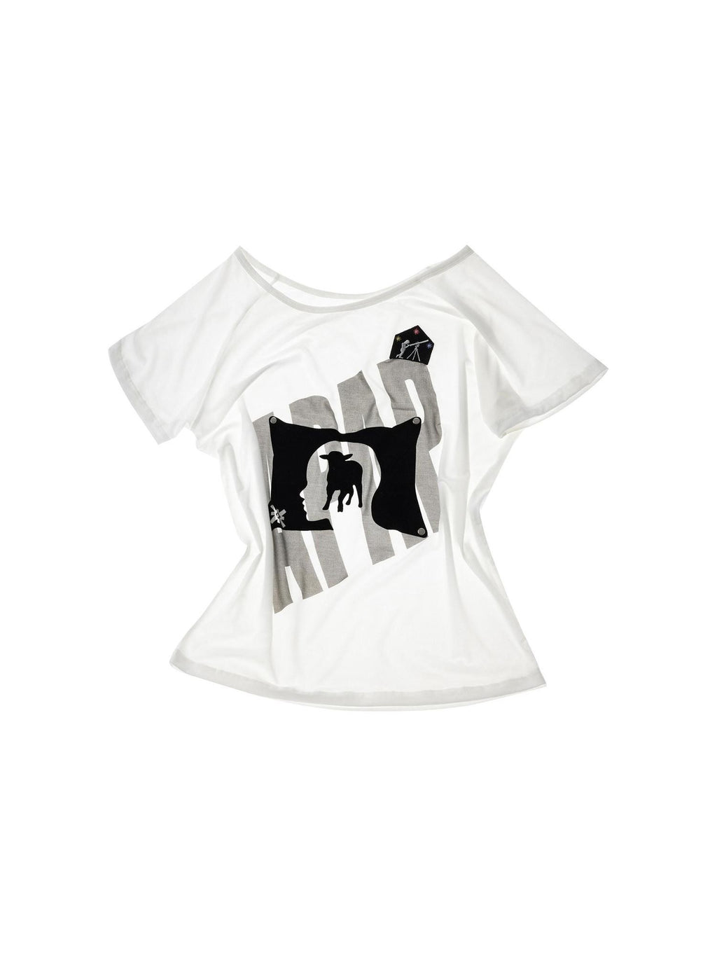 APRIORITY 3d Flocked Letter Studded Slanted Shoulder Women's Lyocell Off-shoulder T-shirts