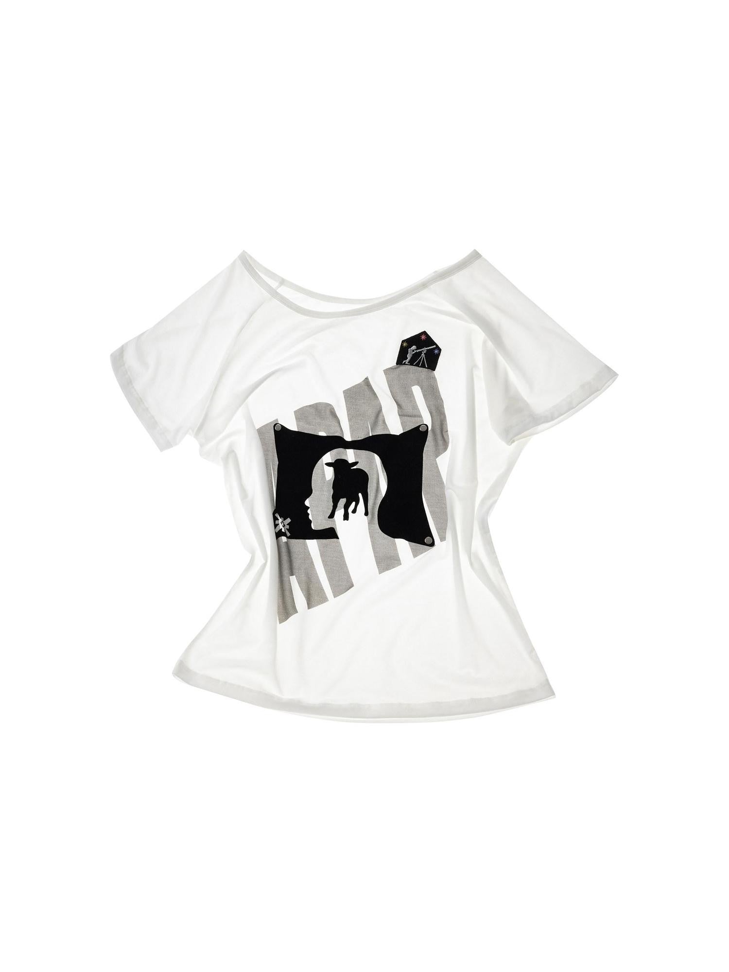 APRIORITY 3d Flocked Letter Studded Slanted Shoulder Women's Lyocell Off-shoulder T-shirts