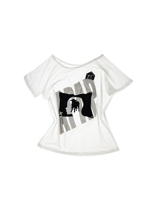 APRIORITY 3d Flocked Letter Studded Slanted Shoulder Women's Lyocell Off-shoulder T-shirts