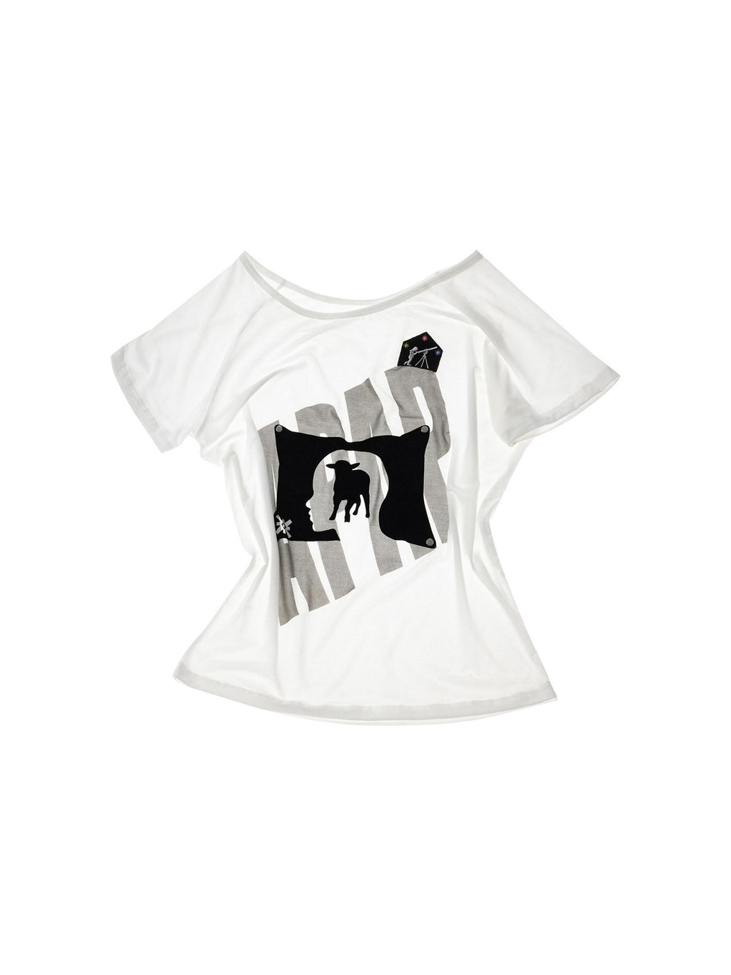 APRIORITY 3d Flocked Letter Studded Slanted Shoulder Women's Lyocell Off-shoulder T-shirts