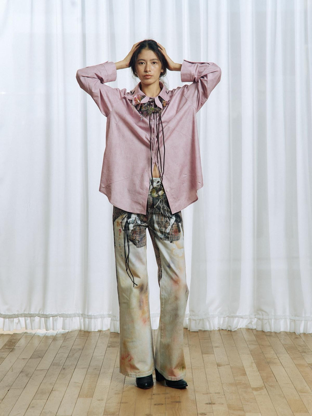 APRIORITY 3d Floral Printed Asymmetric Women's Cotton Denim Straight-leg Jeans