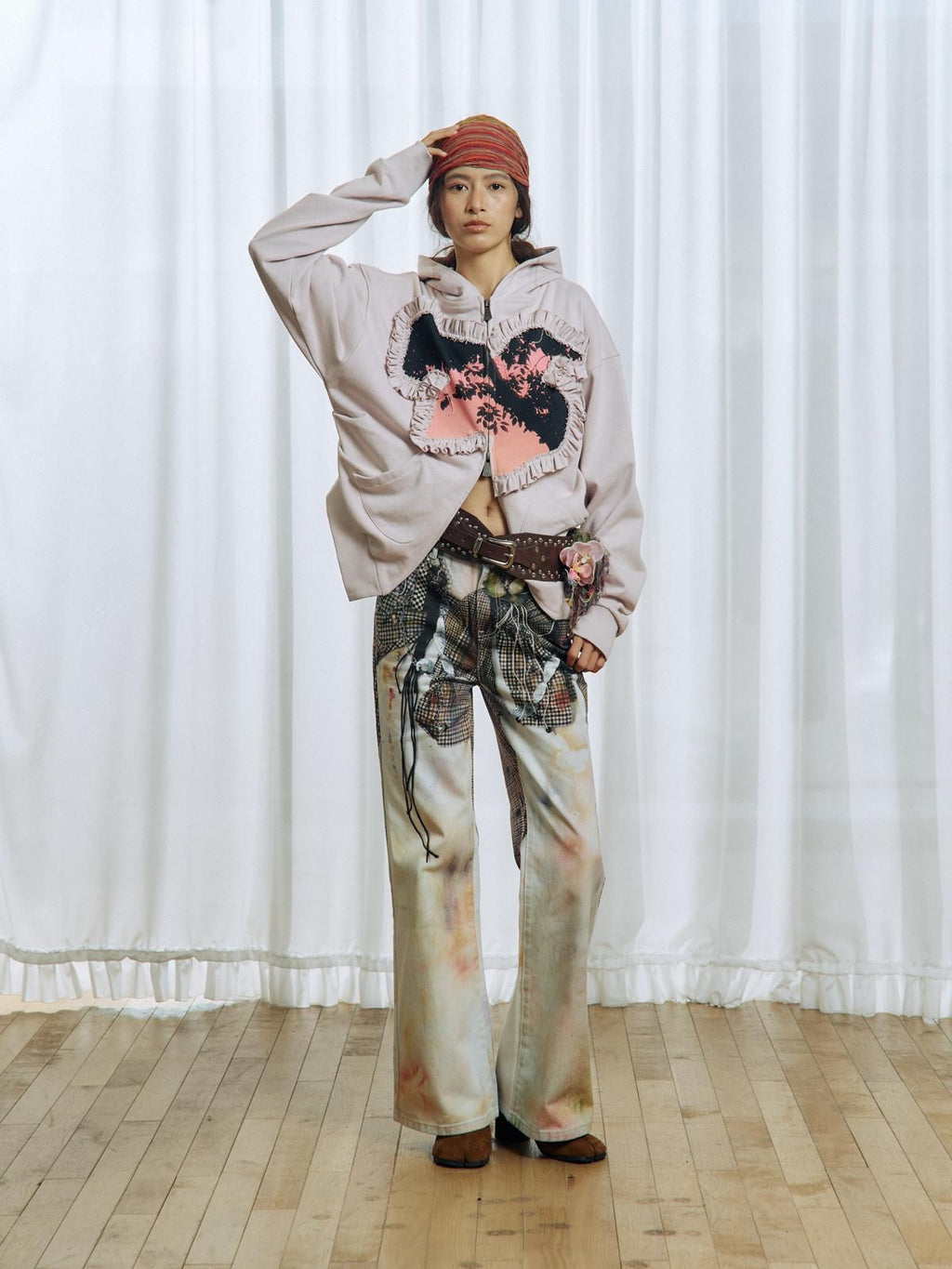 APRIORITY 3d Floral Printed Asymmetric Women's Cotton Denim Straight-leg Jeans