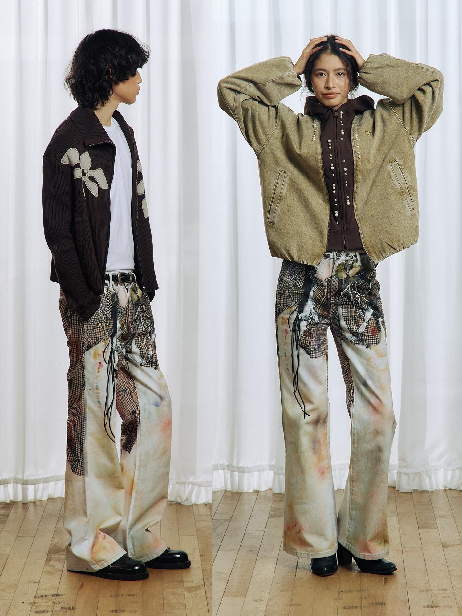 APRIORITY 3d Floral Printed Asymmetric Women's Cotton Denim Straight-leg Jeans