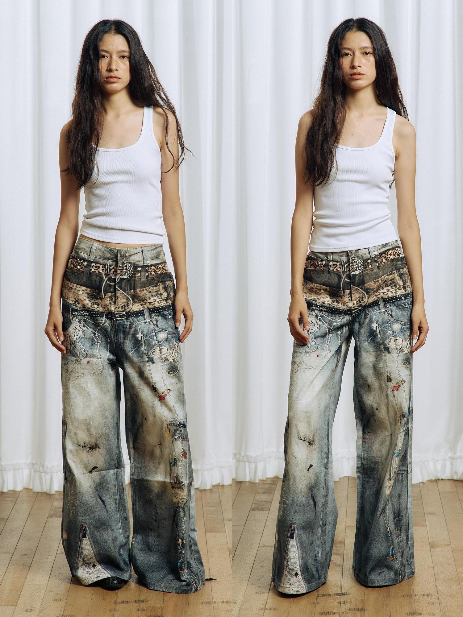 APRIORITY 3d Textured Print Ripped Distressed Washed Women's Cotton Straight-leg Jeans