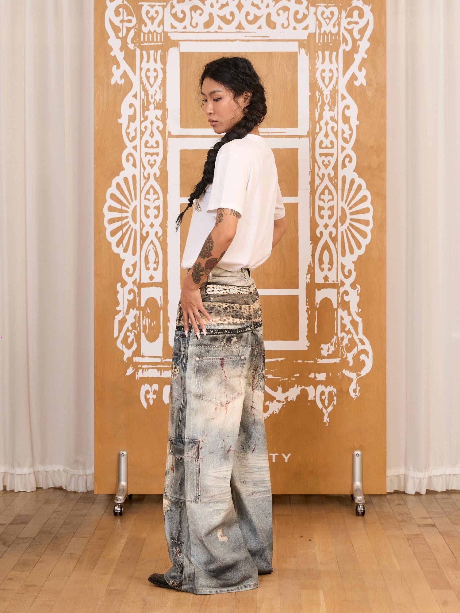 APRIORITY 3d Textured Print Ripped Distressed Washed Women's Cotton Straight-leg Jeans