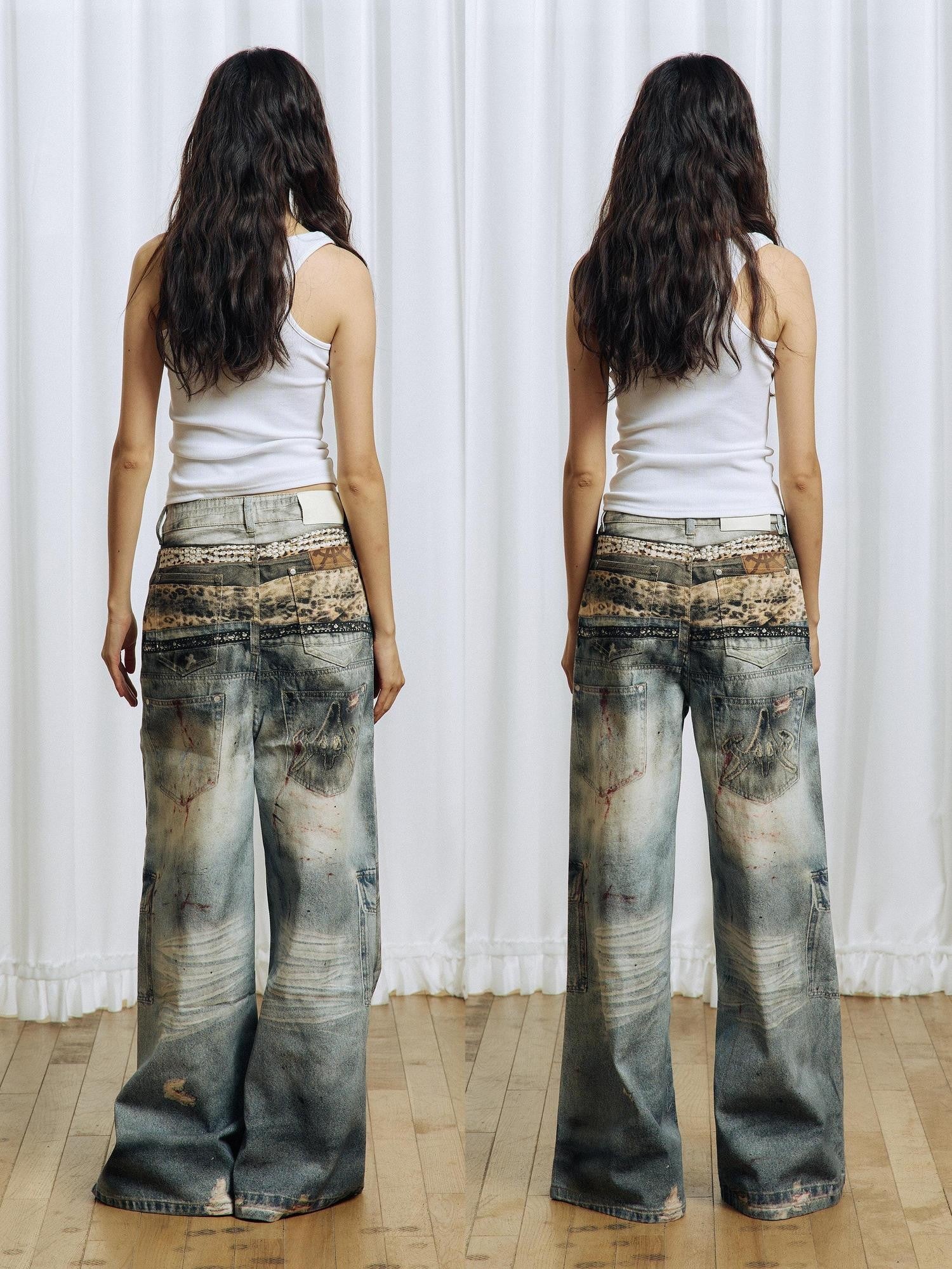 APRIORITY 3d Textured Print Ripped Distressed Washed Women's Cotton Straight-leg Jeans