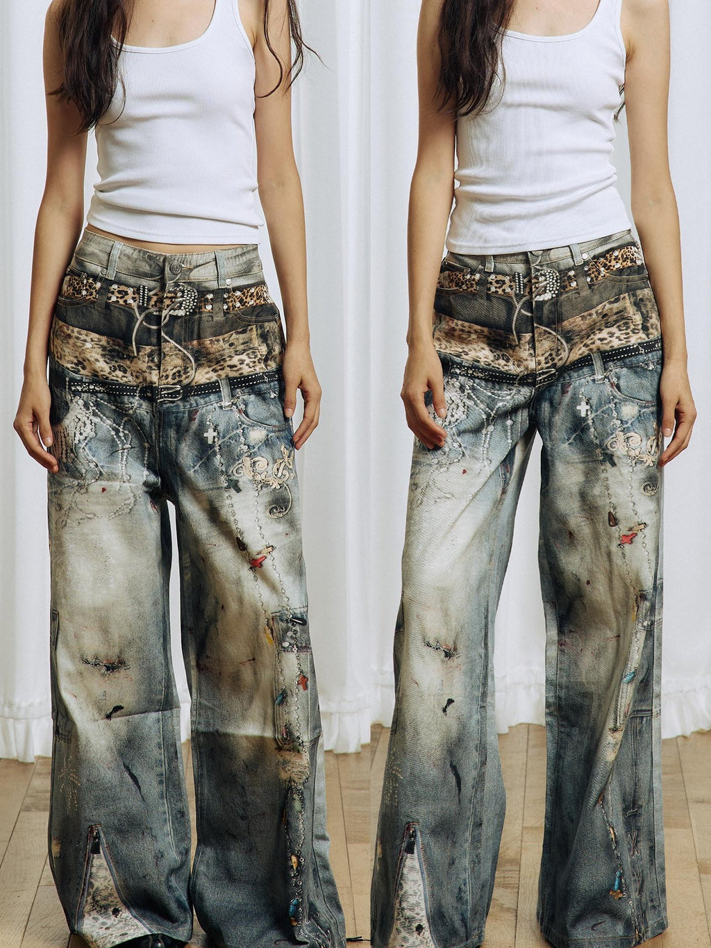APRIORITY 3d Textured Print Ripped Distressed Washed Women's Cotton Straight-leg Jeans