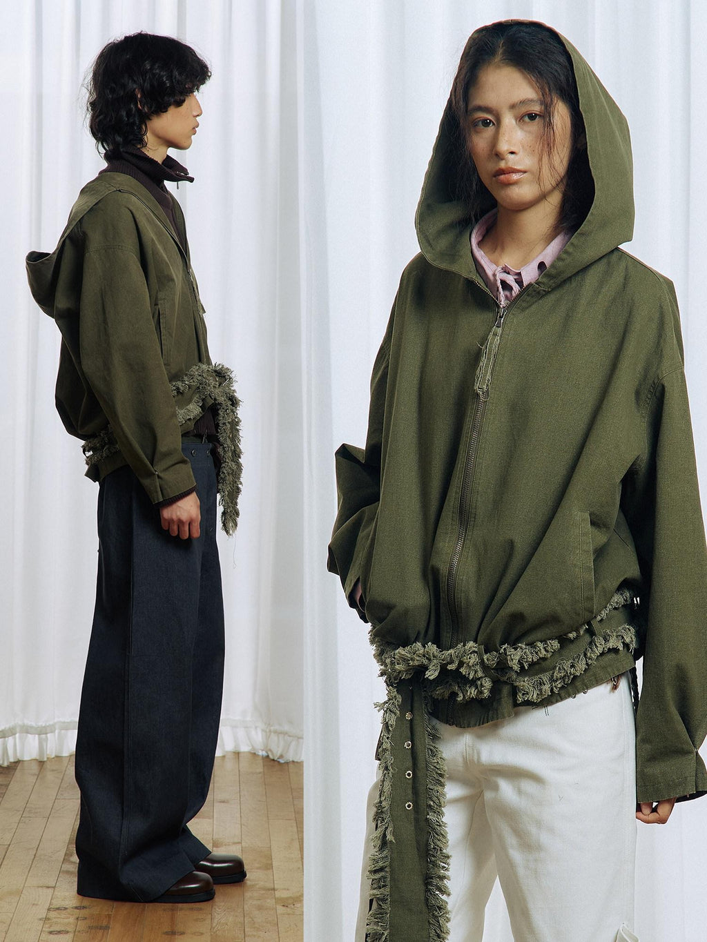 APRIORITY Army Green Distressed Frayed Tassel Vintage Print Women's Cotton Zip-up Hoodies