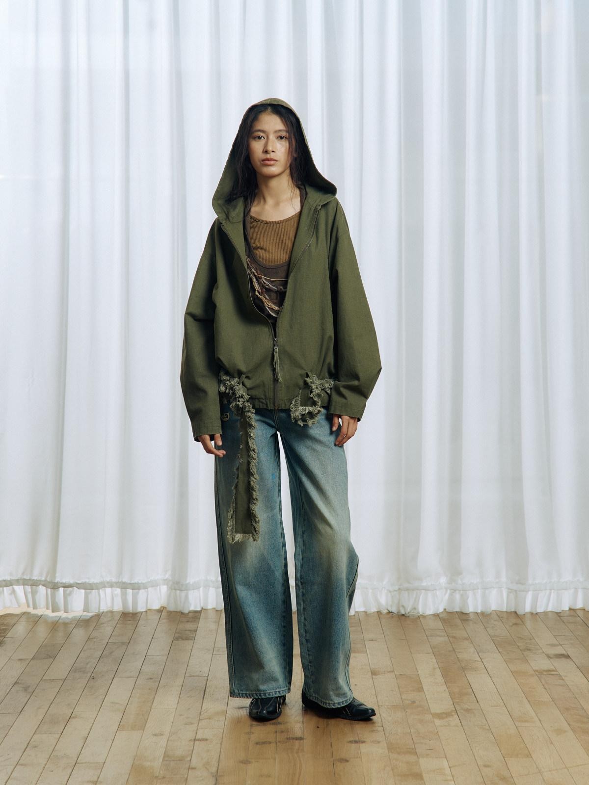 APRIORITY Army Green Distressed Frayed Tassel Vintage Print Women's Cotton Zip-up Hoodies