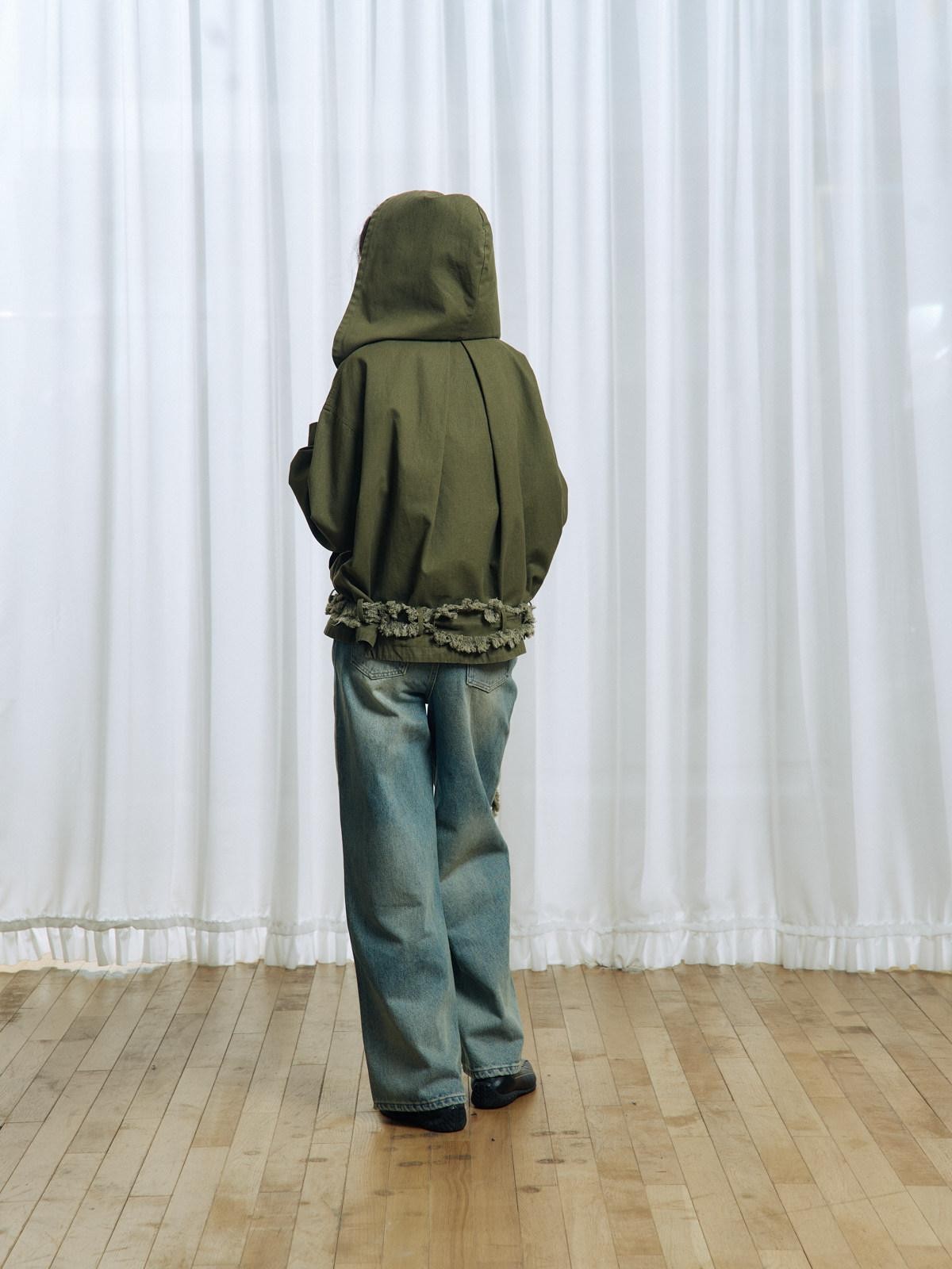 APRIORITY Army Green Distressed Frayed Tassel Vintage Print Women's Cotton Zip-up Hoodies