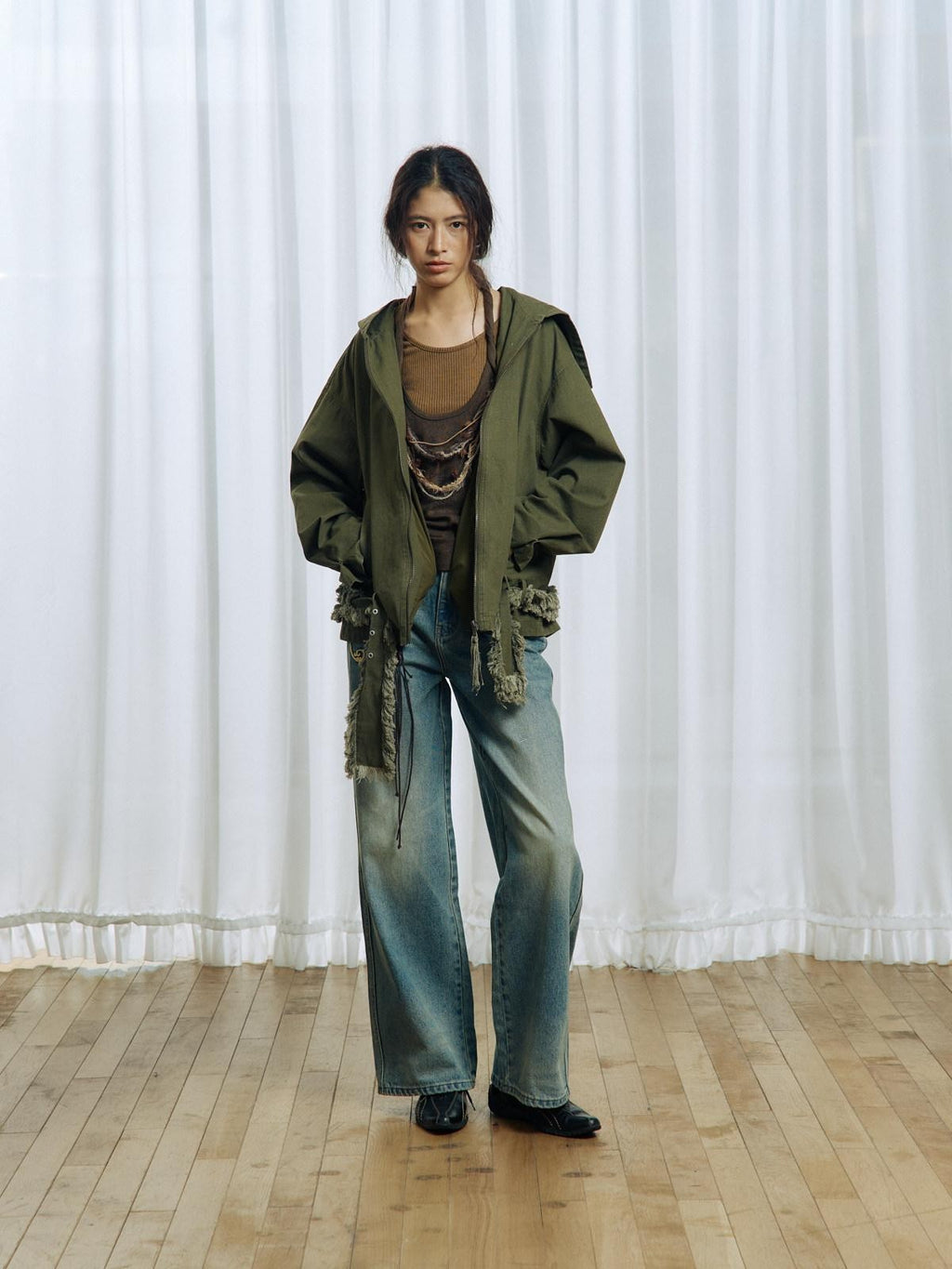 APRIORITY Army Green Distressed Frayed Tassel Vintage Print Women's Cotton Zip-up Hoodies