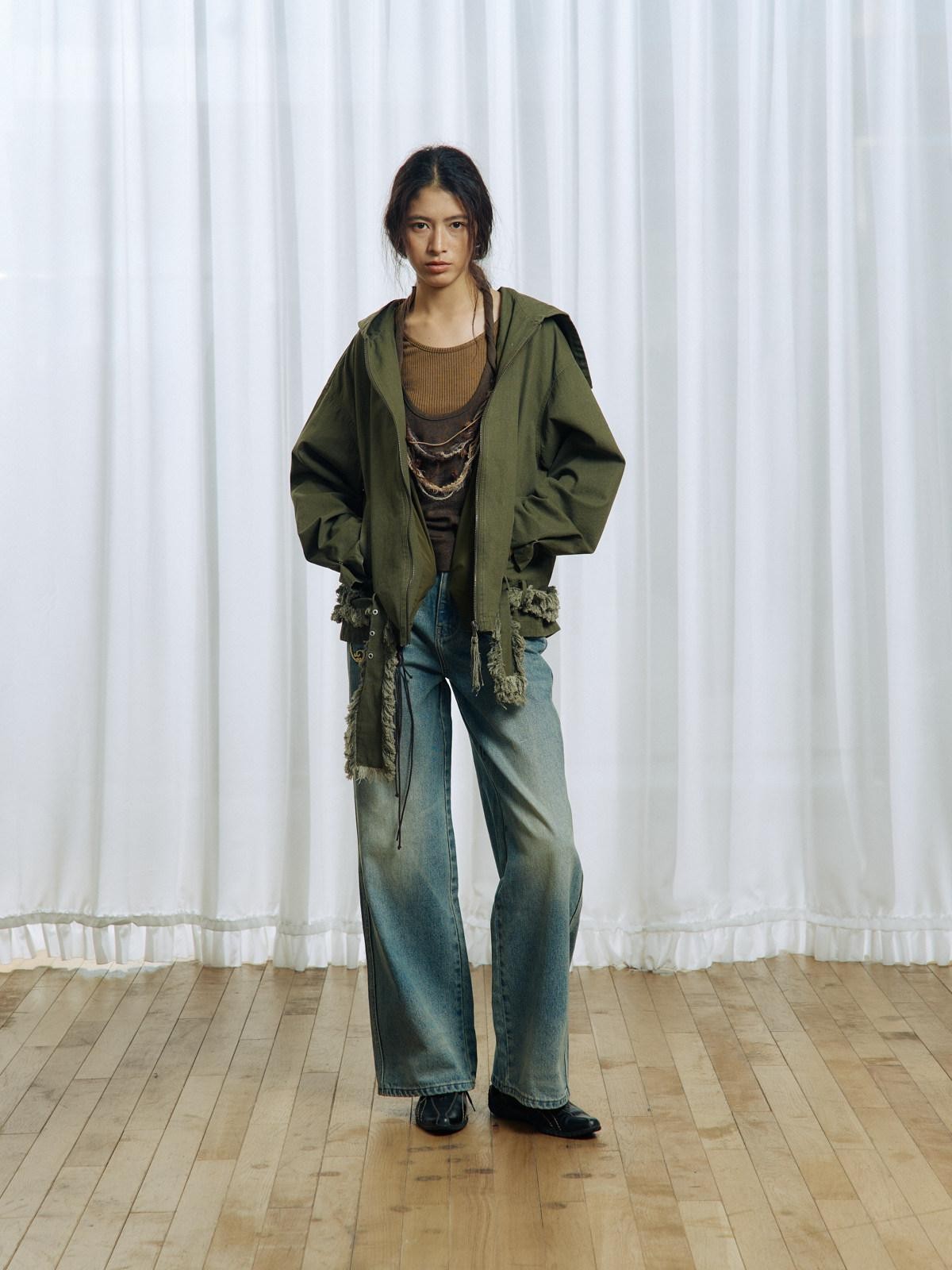 APRIORITY Army Green Distressed Frayed Tassel Vintage Print Women's Cotton Zip-up Hoodies